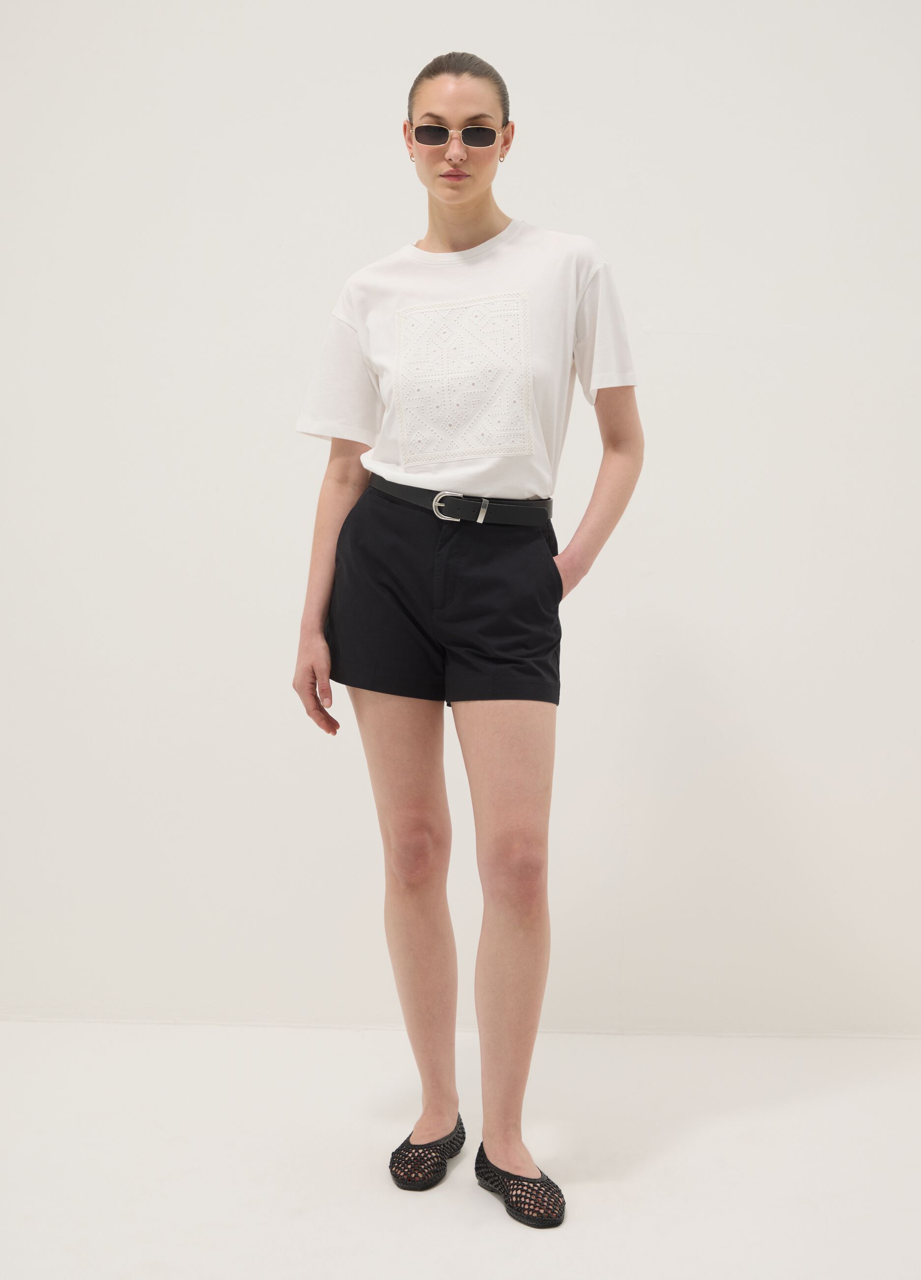 White pure cotton regular-fit T-shirt with perforated detail