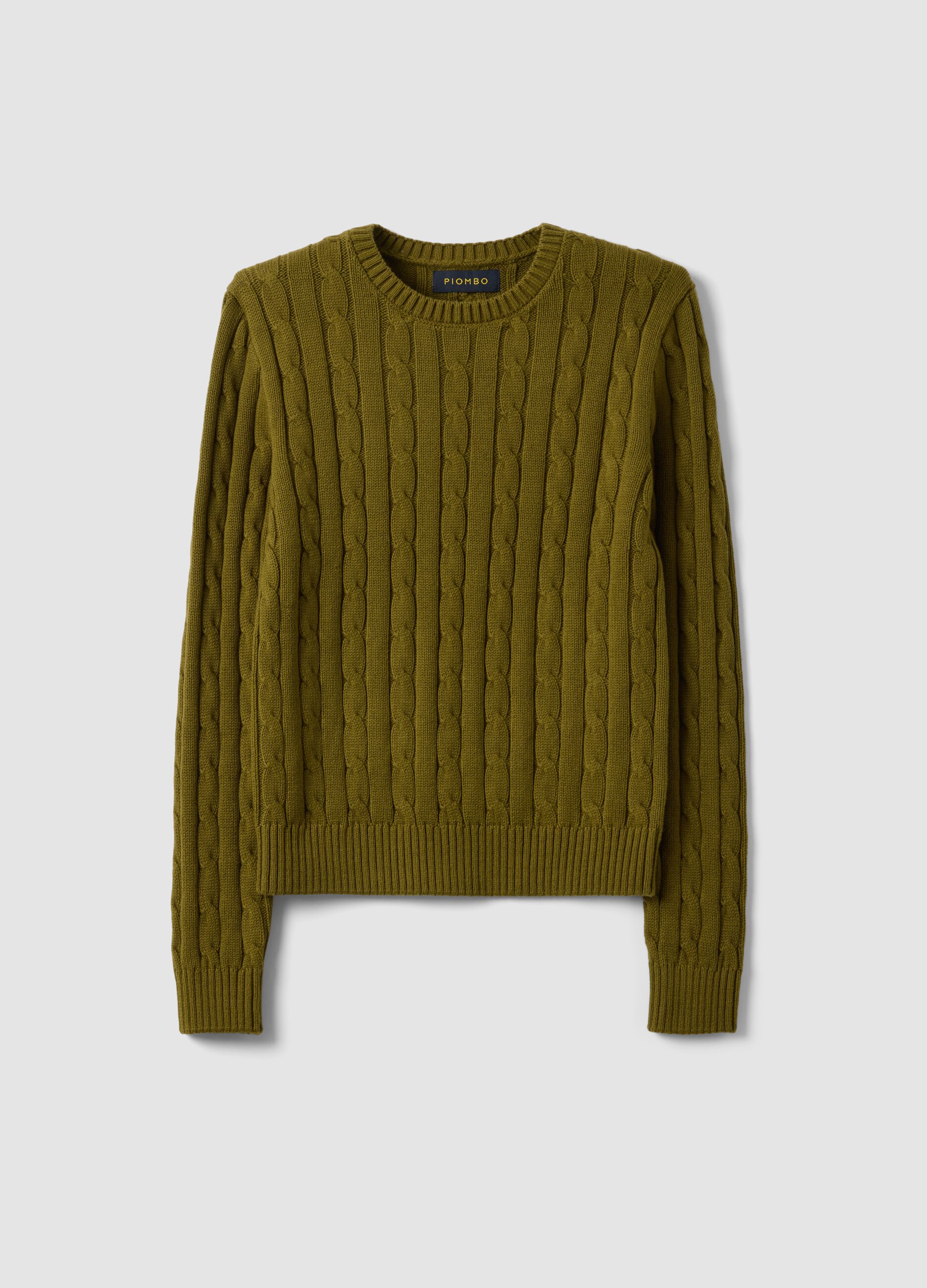 Green pure cotton cable-knit crew-neck jumper