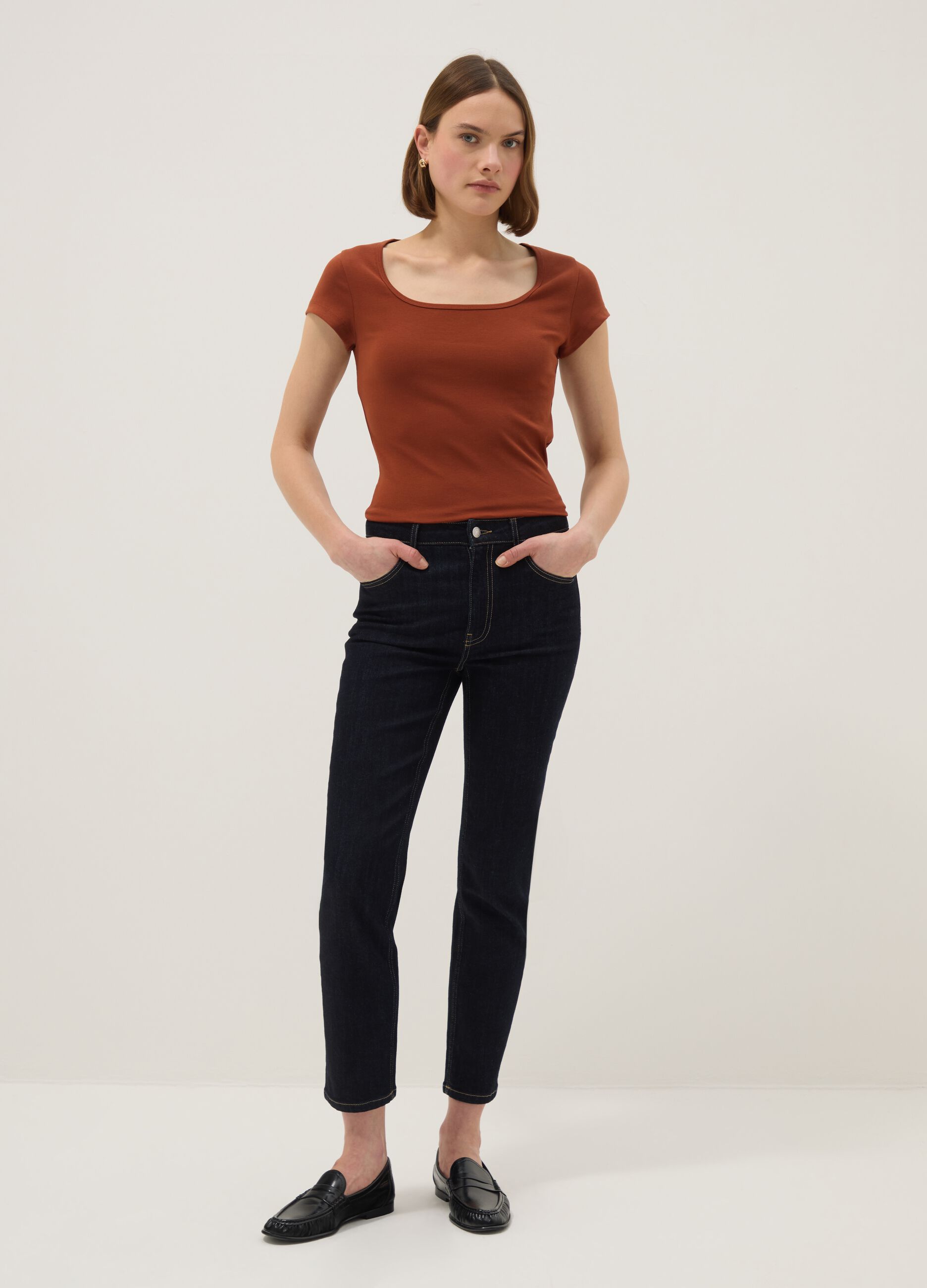 Orange fitted stretch-cotton T-shirt with square neckline