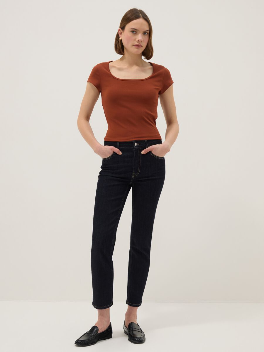 Orange fitted stretch-cotton T-shirt with square neckline_1