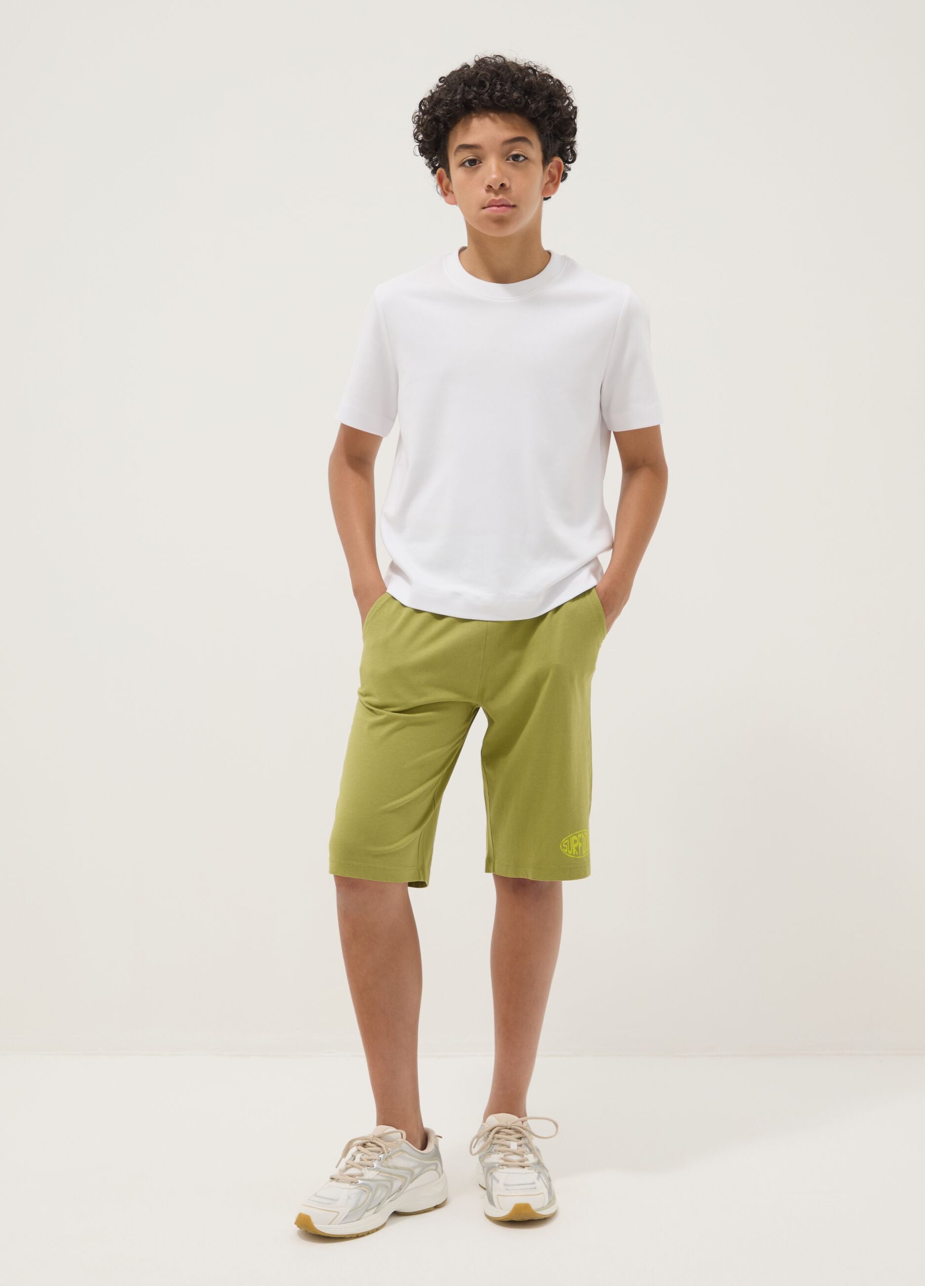 Green organic cotton Bermuda shorts with elasticated waist