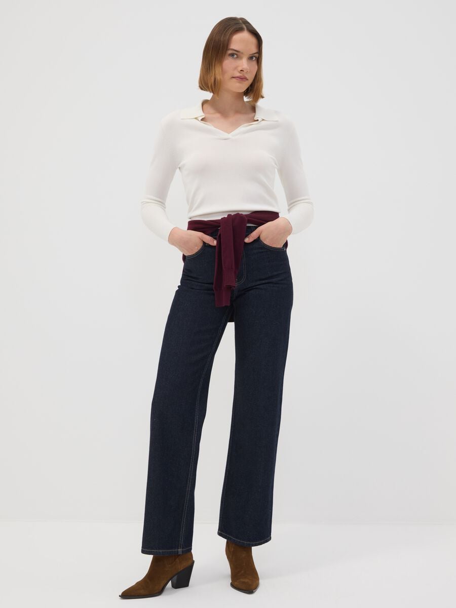High-waisted wide-leg blue denim jeans in pure cotton_0