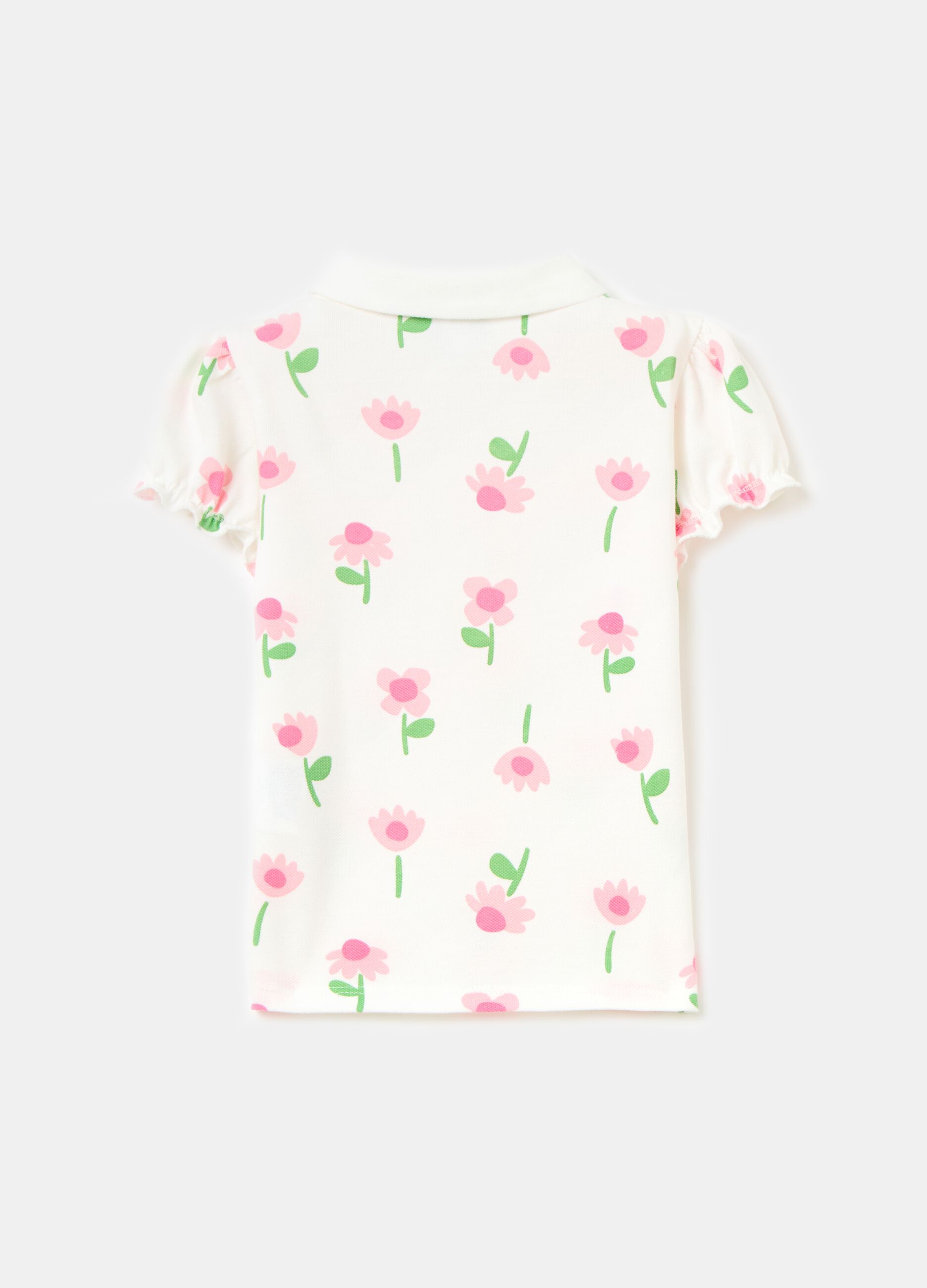 Piquet polo shirt with flowers print