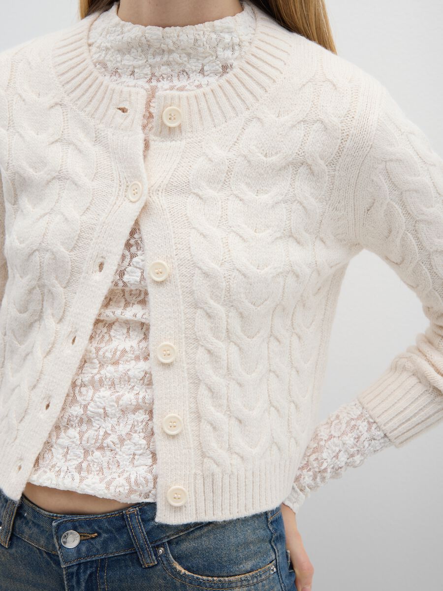 White regular fit cardigan with knitted design and buttons_3