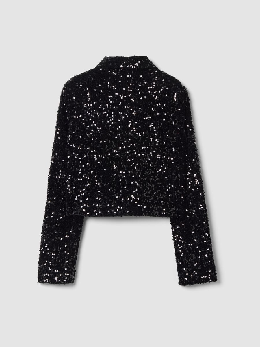 Blazer chenille nero regular fit con paillettes_2