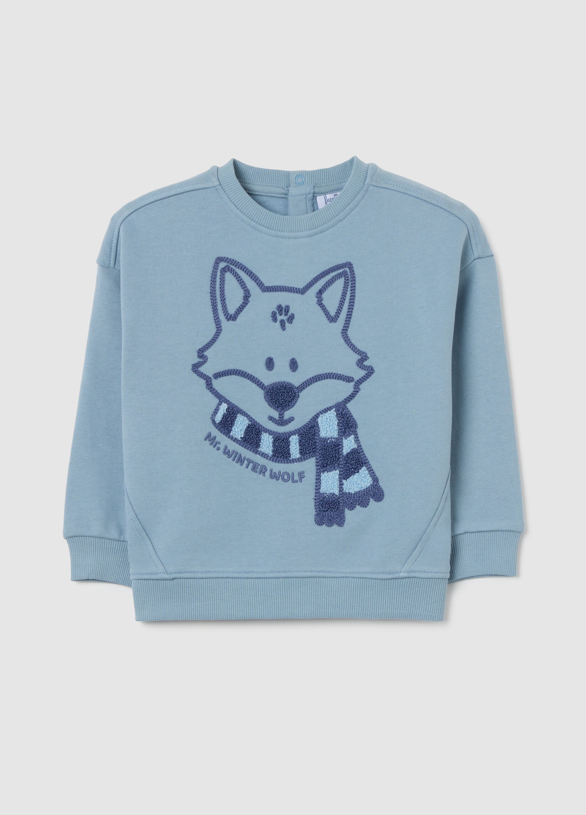 Sky blue children's sweatshirt in pure cotton with oversized fit, print and round neckline