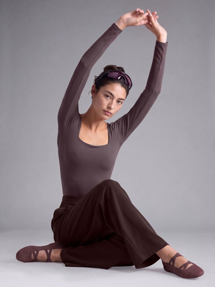 Pantaloni marroni in tessuto elasticizzato wide leg_0