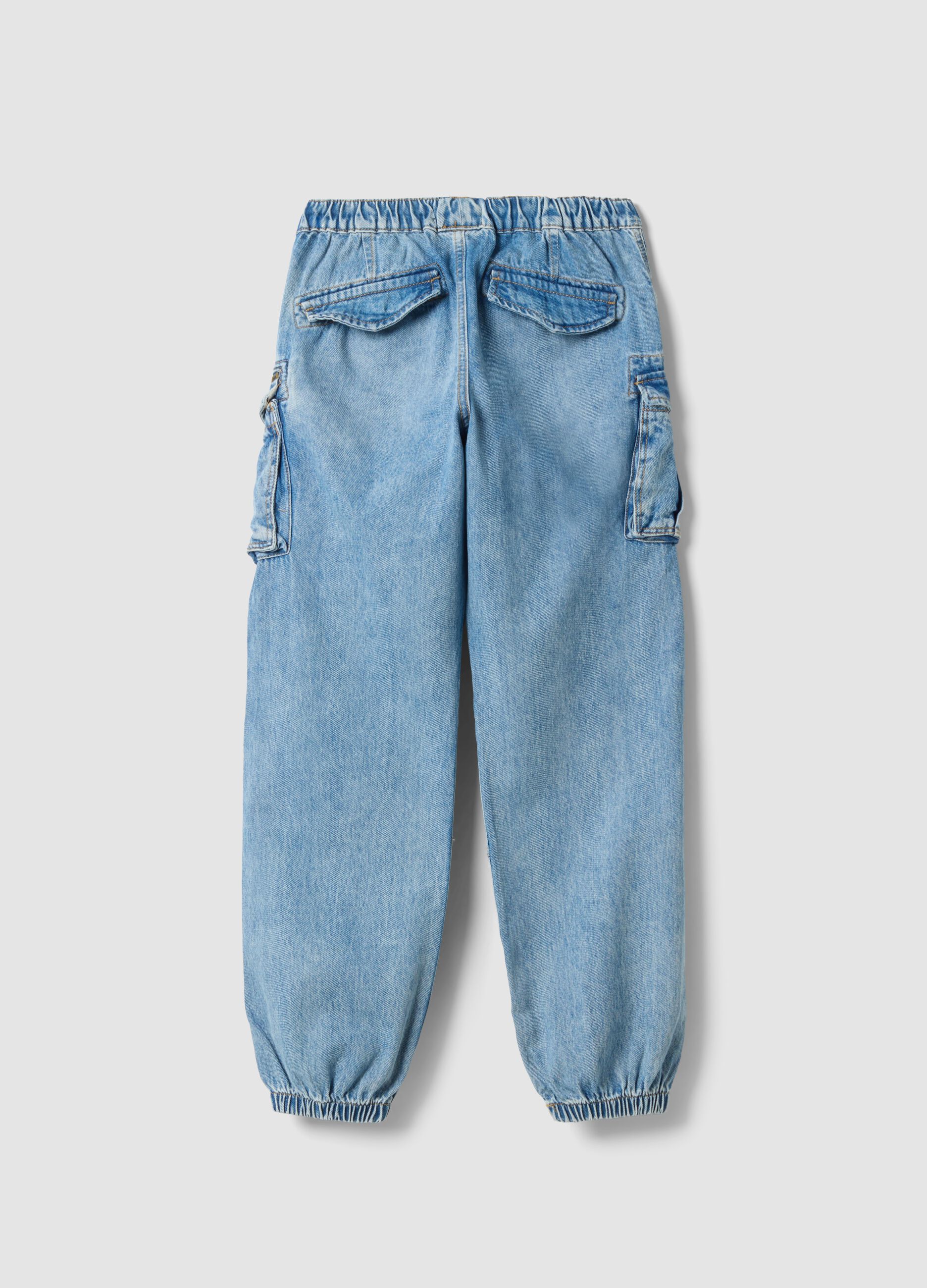 Light blue pure cotton cargo jeans with elasticated waist, relaxed fit