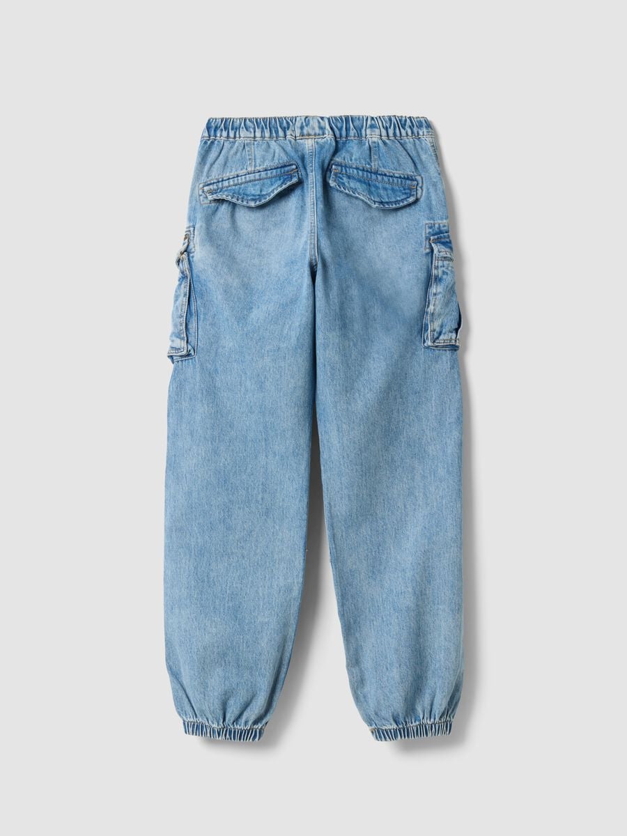Light blue pure cotton cargo jeans with elasticated waist, relaxed fit_5