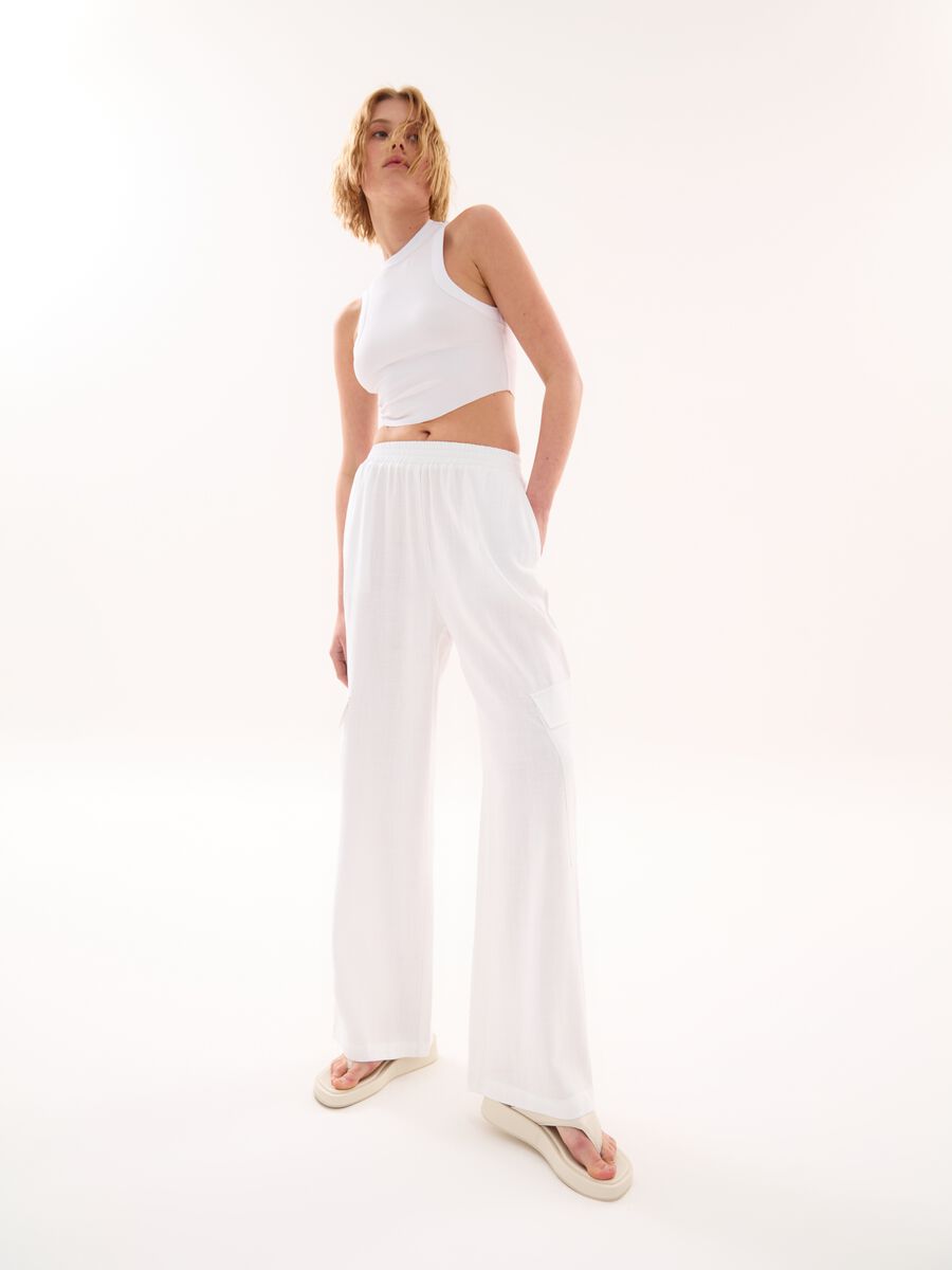 Wide-Leg Linen Cargo Trousers White_0