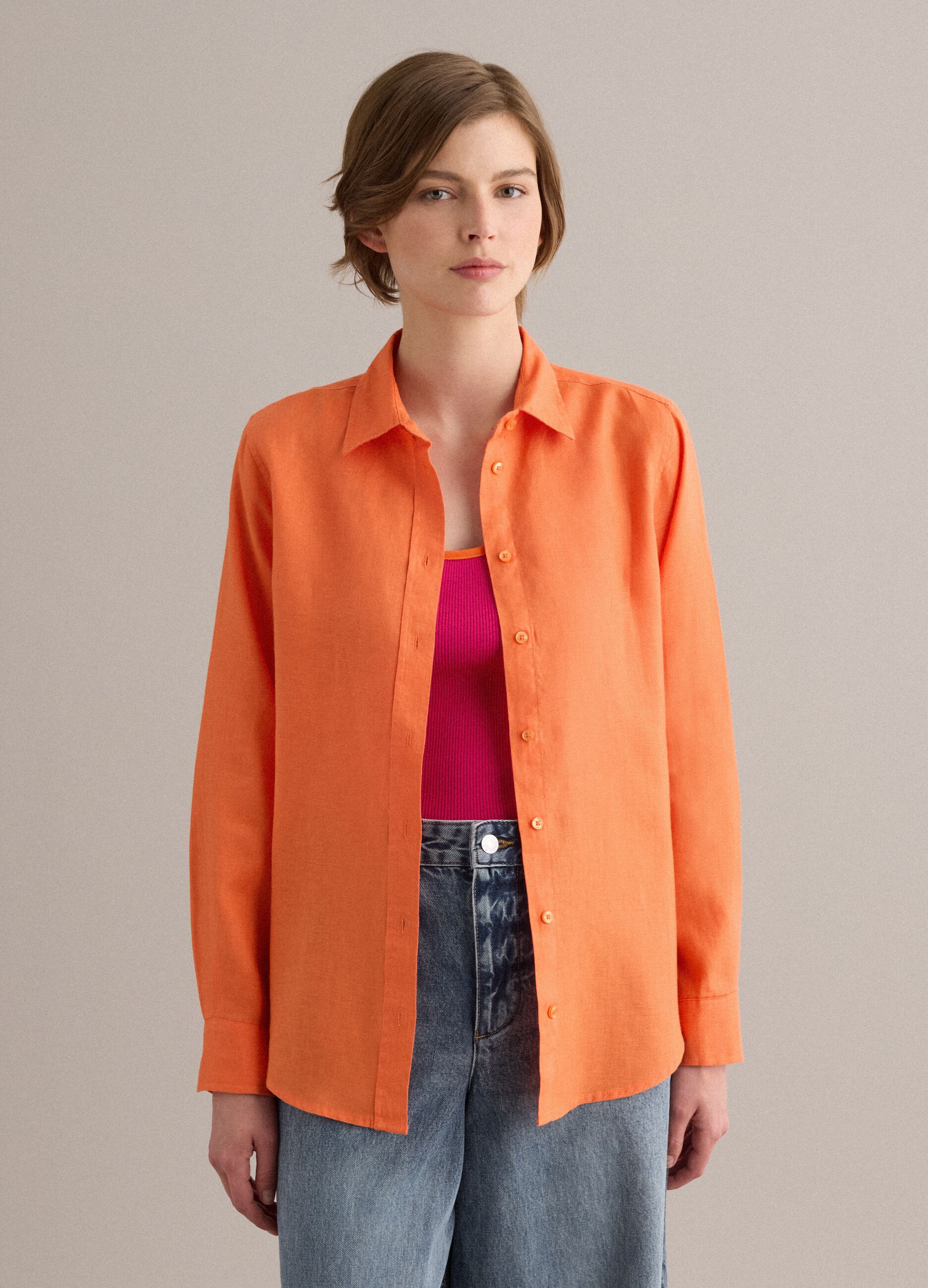 Orange pure linen regular fit shirt
