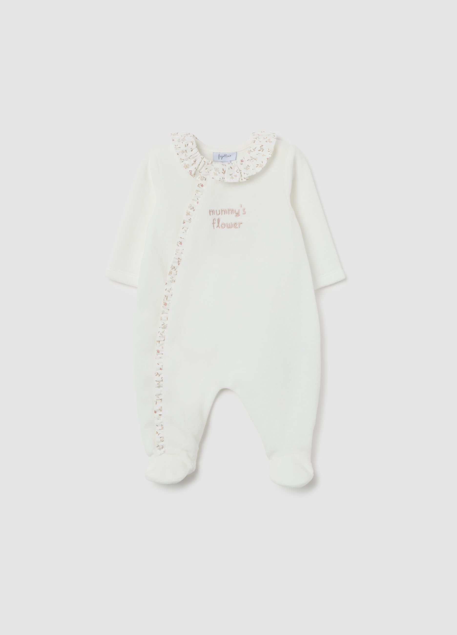 White velour romper suit with ruffle collar