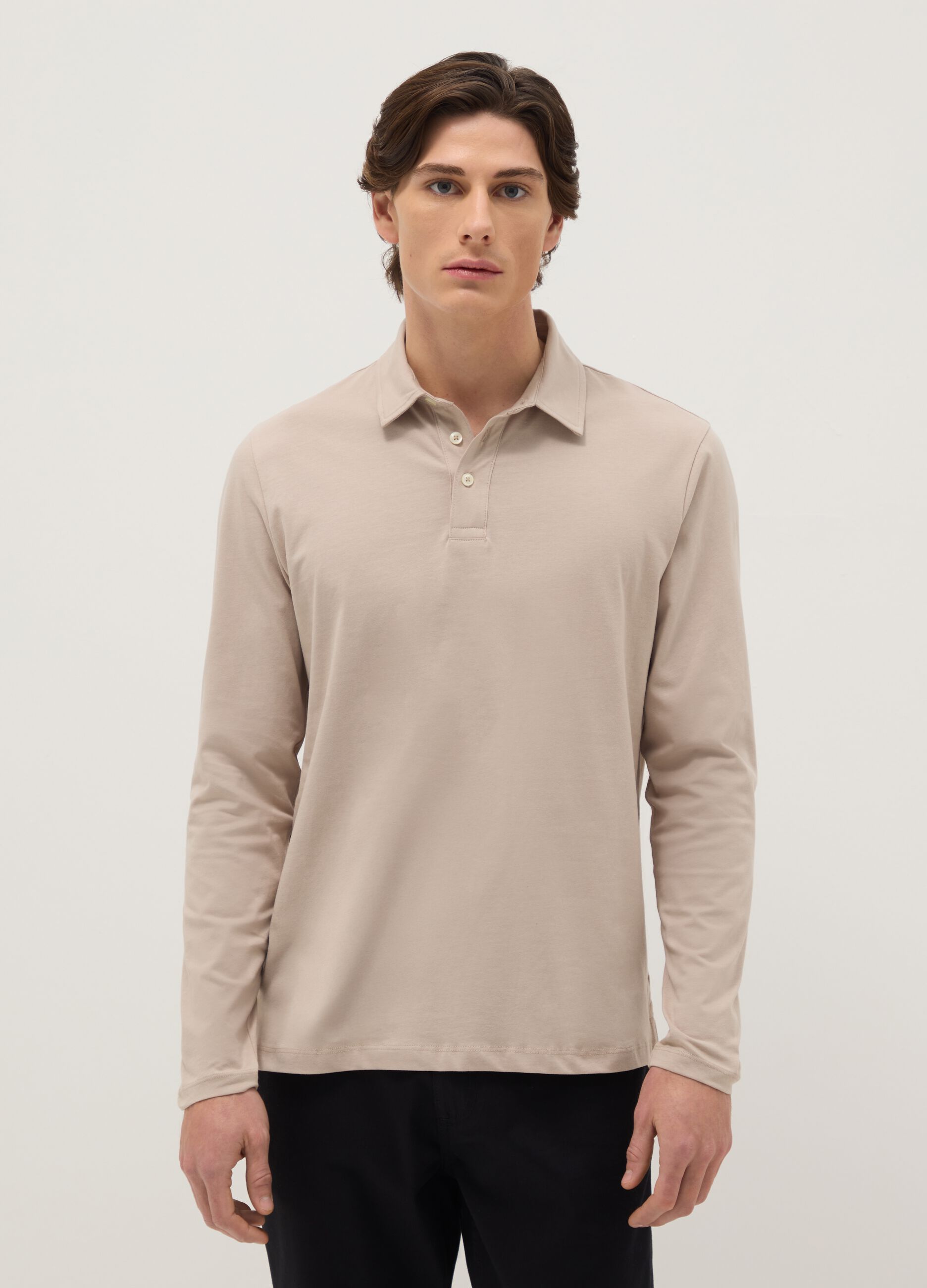 Beige long-sleeve pure cotton polo regular fit