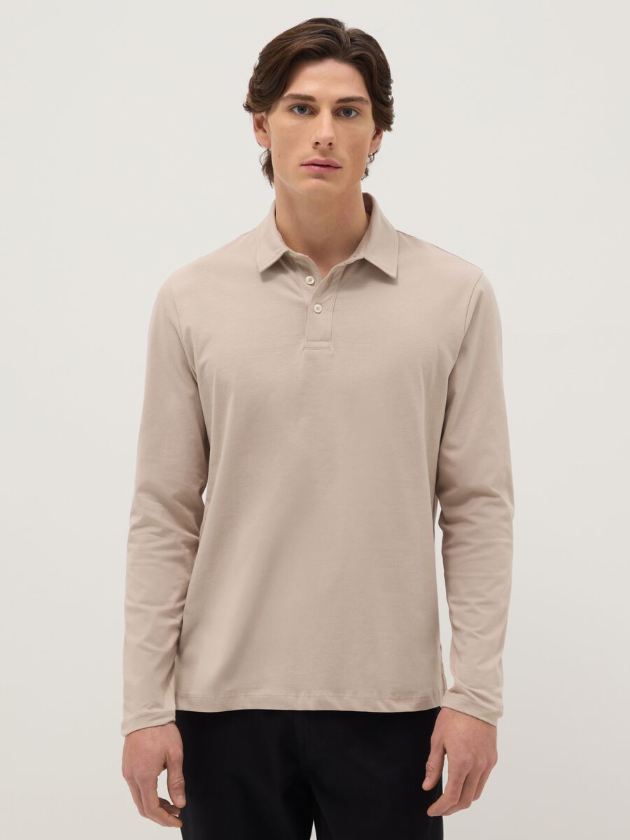 Beige long-sleeve pure cotton polo regular fit_0