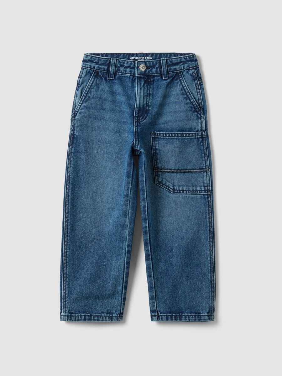 Blue pure cotton jeans with patch pockets, loose fit for boys_0