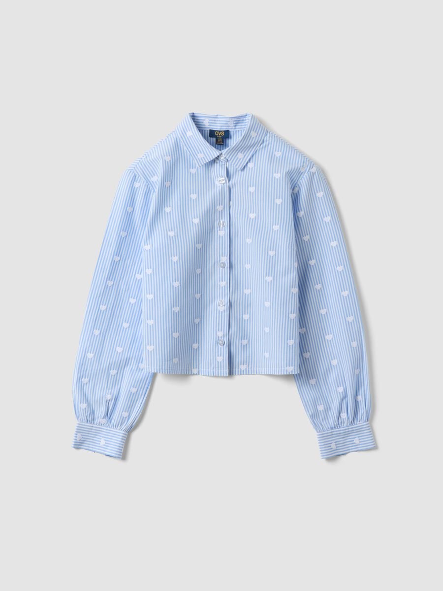 Camicia azzurra a righe in puro cotone con cuori per ragazza_0