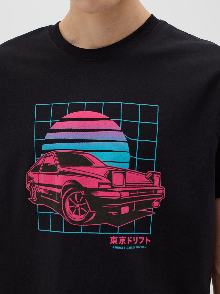 Black cotton T-shirt with racing car print_2
