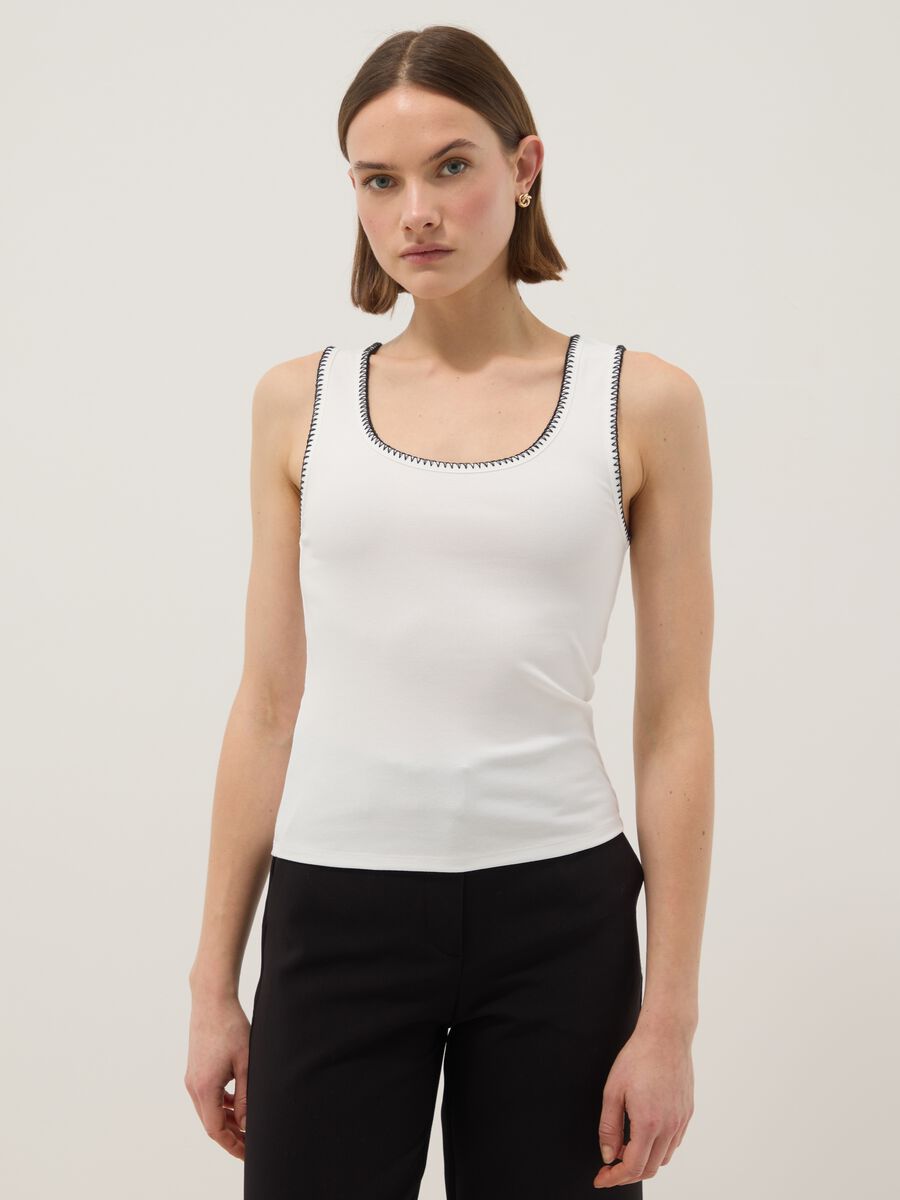 White stretch cotton tank top with contrast detailing, regular fit_0