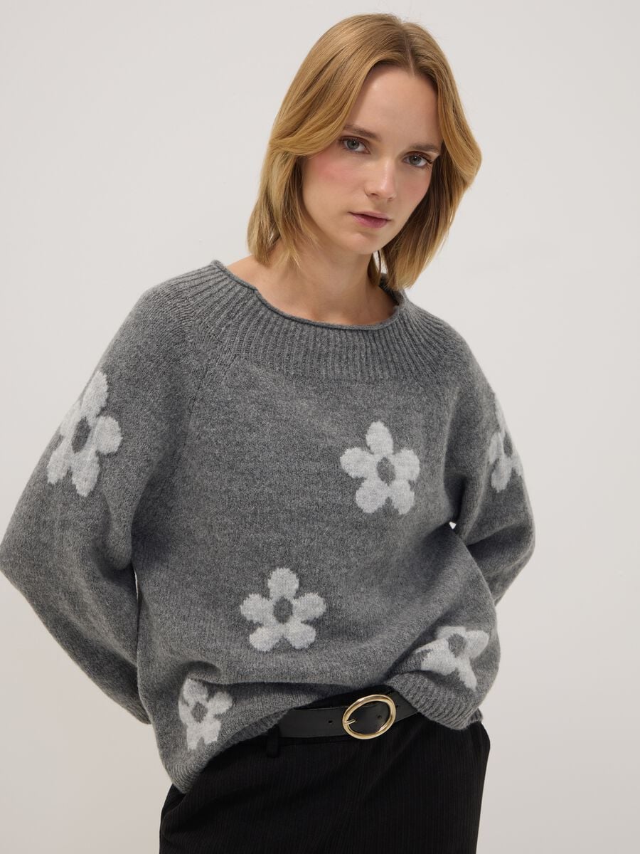 Grey wool-blend jumper with floral pattern, regular fit_1