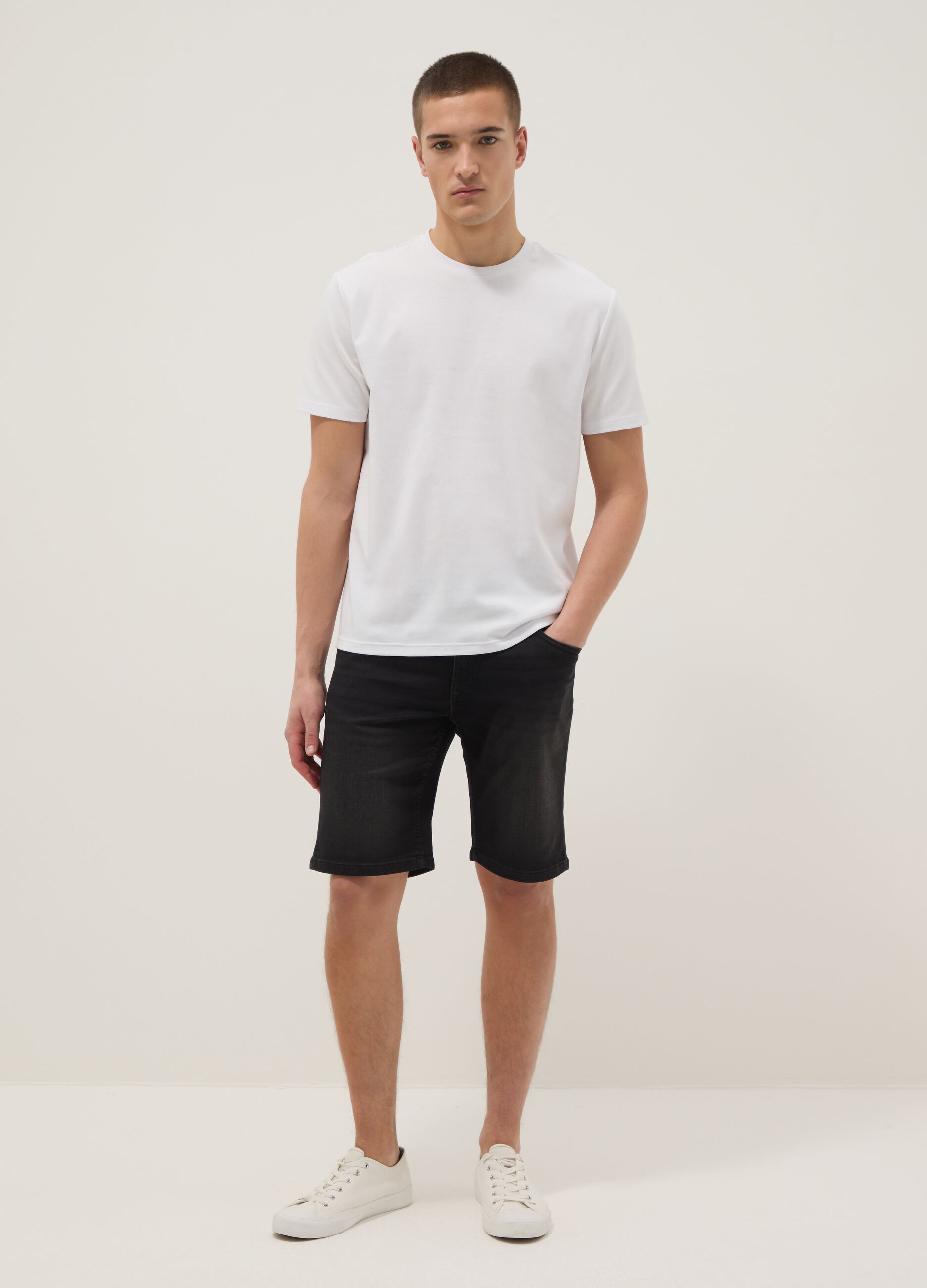 Slim fit black stretch denim cotton blend shorts