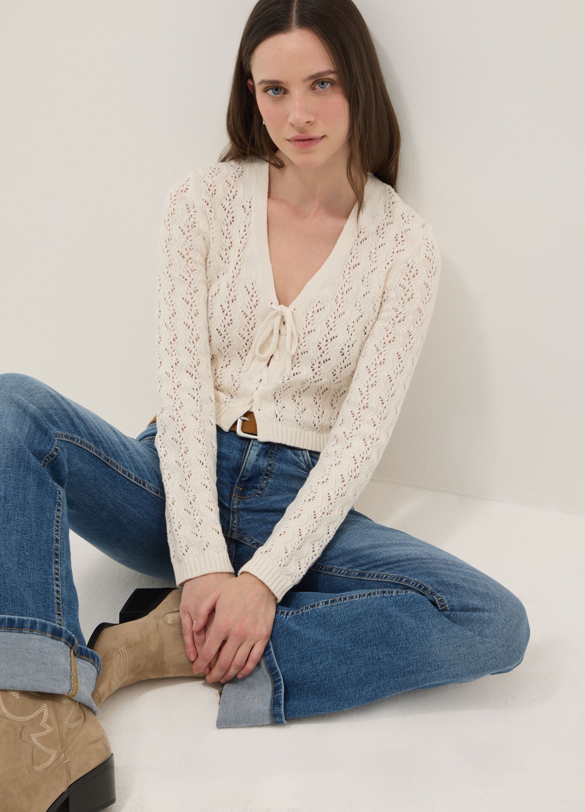 Regular fit beige pure cotton cardigan with perforated design