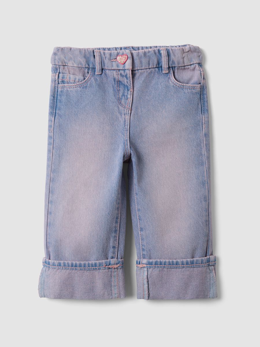 Blue denim straight-fit jeans in pure cotton with turn-up cuffs for baby girl_0