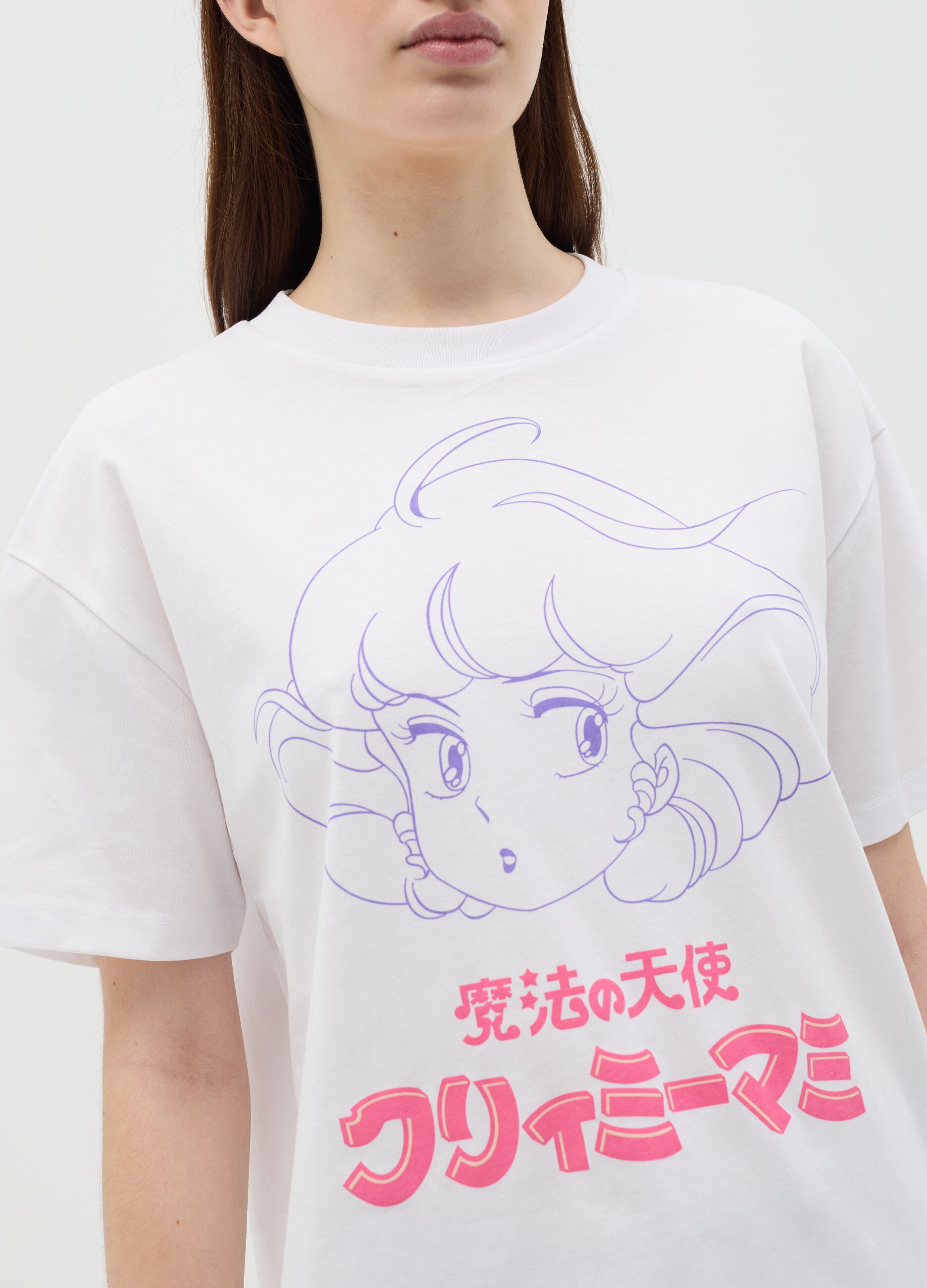 White T-shirt in cotton with Creamy Mami print