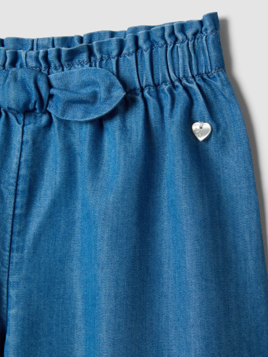Girls' Blue Denim Cotton Blend Wide Leg Trousers with Embroidery_2