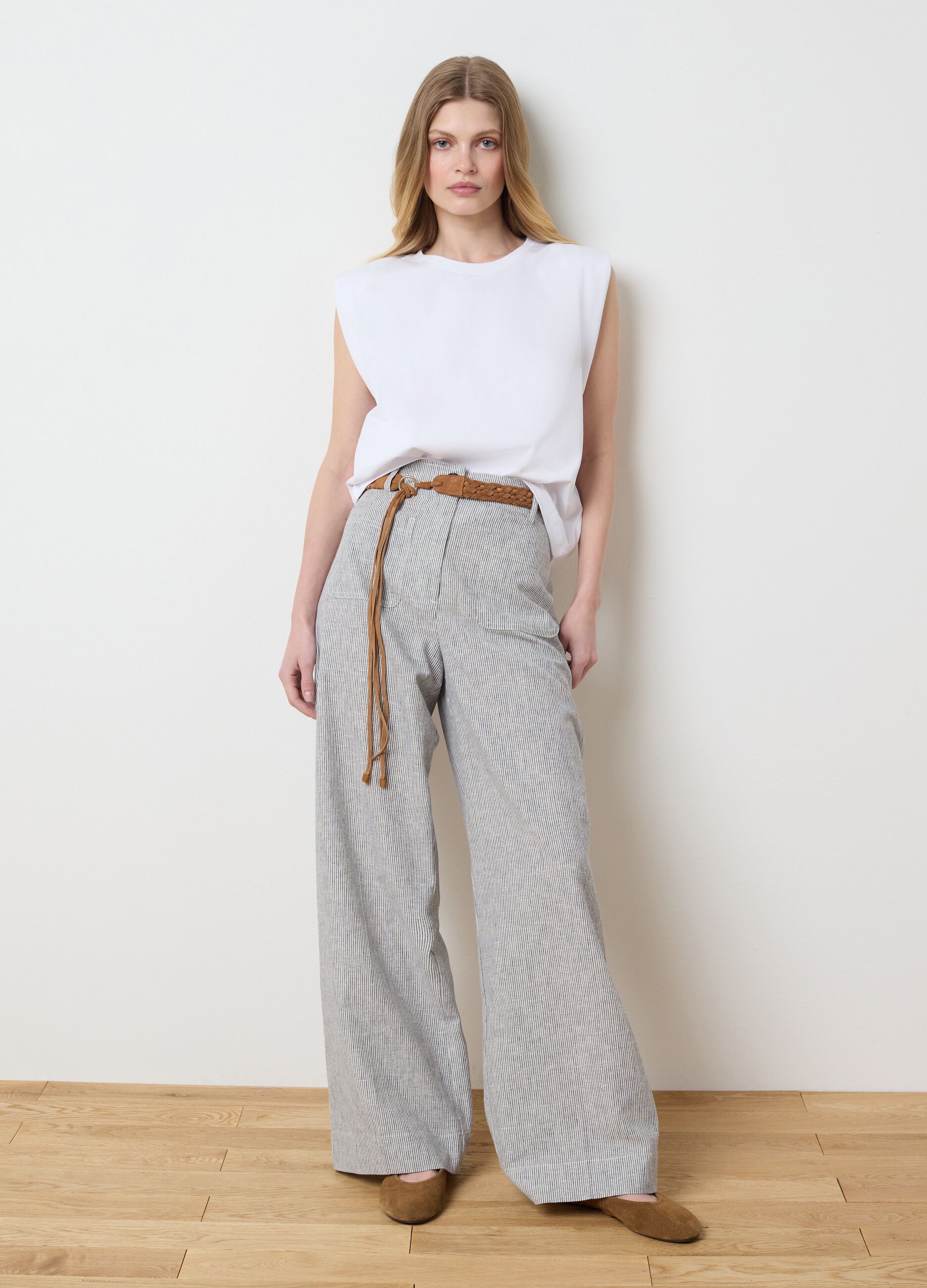 Pantaloni da donna wide leg multicolor in cotone e lino