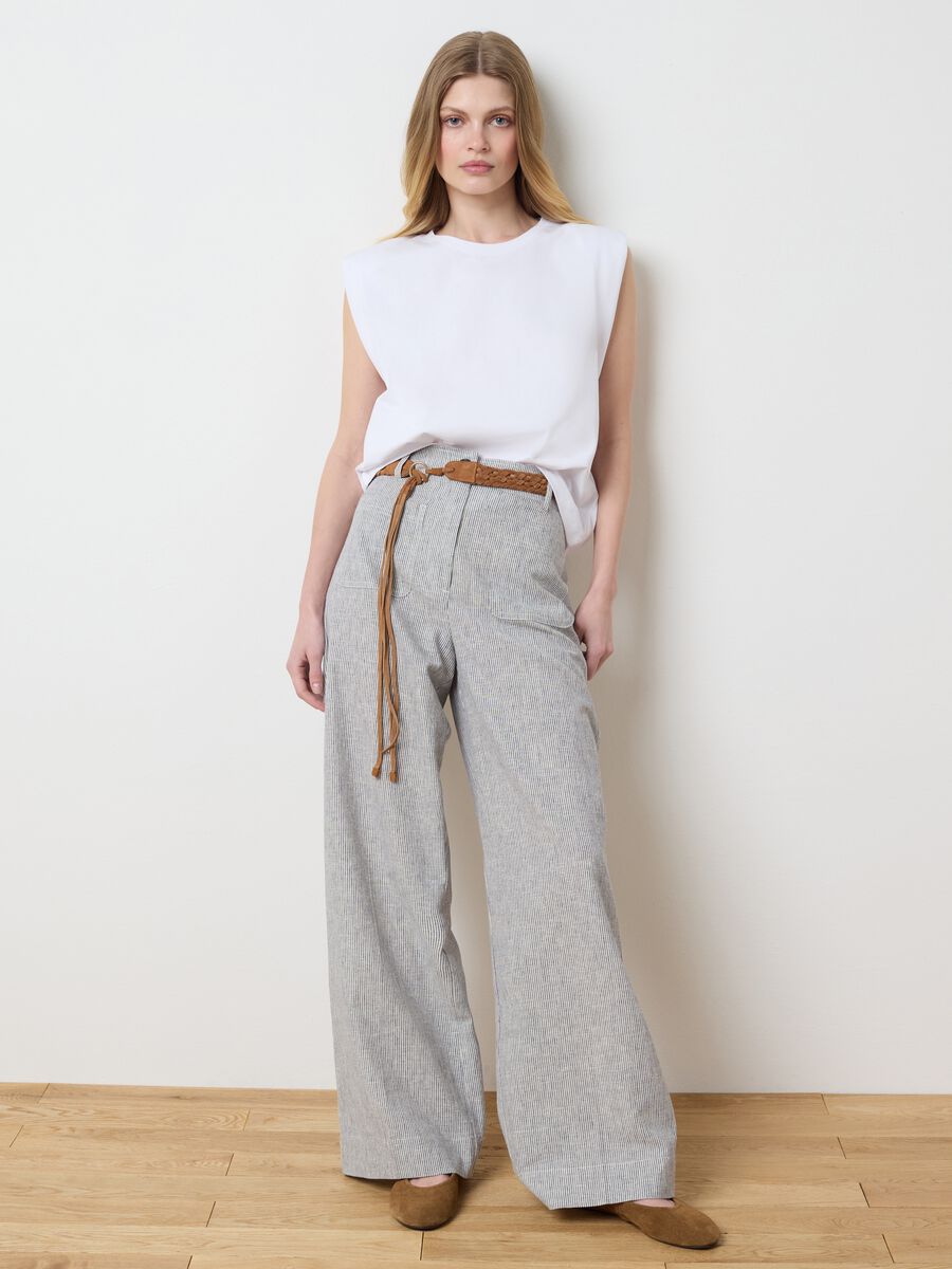 Women's multicoloured wide-leg trousers in cotton and linen_0