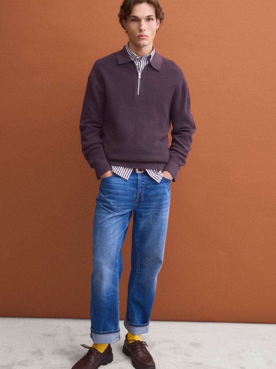 Polo marrone in puro cotone con zip e collo classico_2