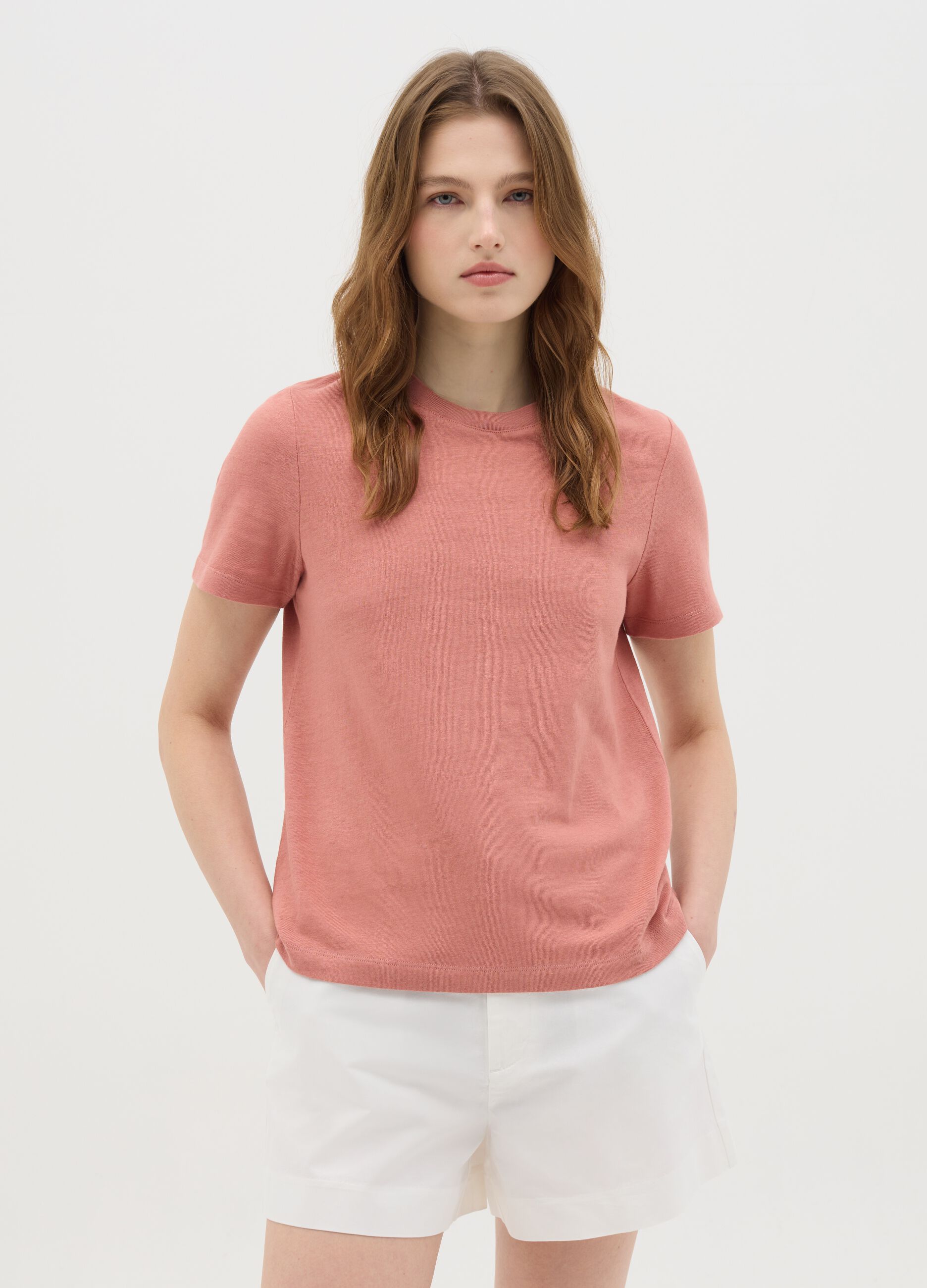Women’s pink regular-fit T-shirt in cotton and linen blend