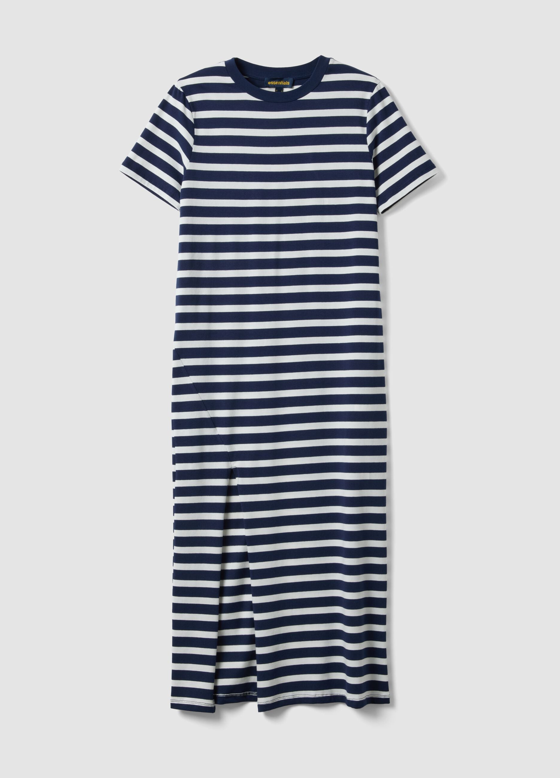 Abito maxi blu in cotone elasticizzato a righe