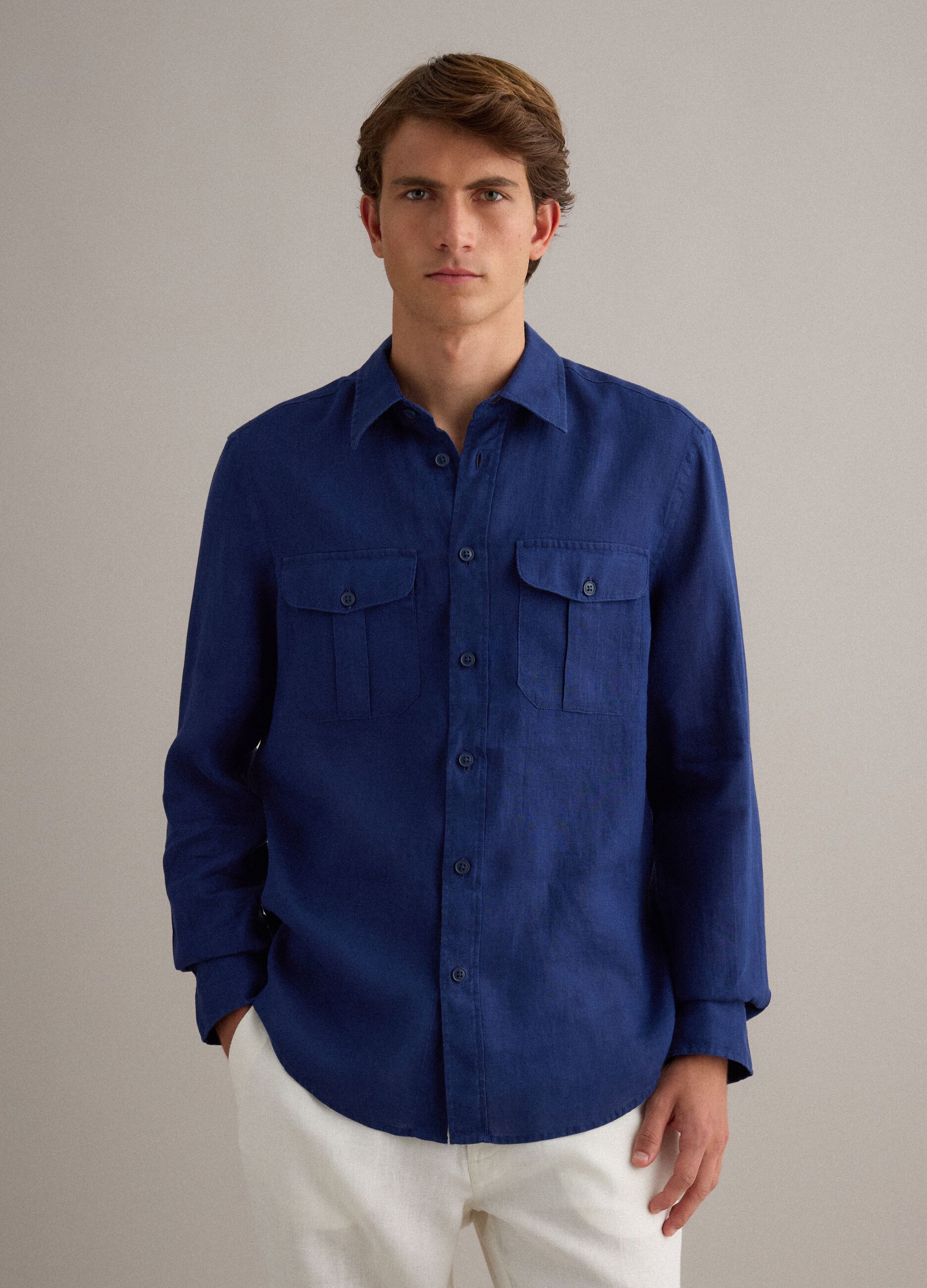 Blue regular-fit pure linen shirt with double pocket
