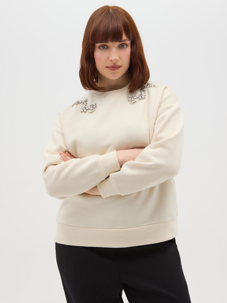 Felpa beige in misto cotone regular fit con strass_0
