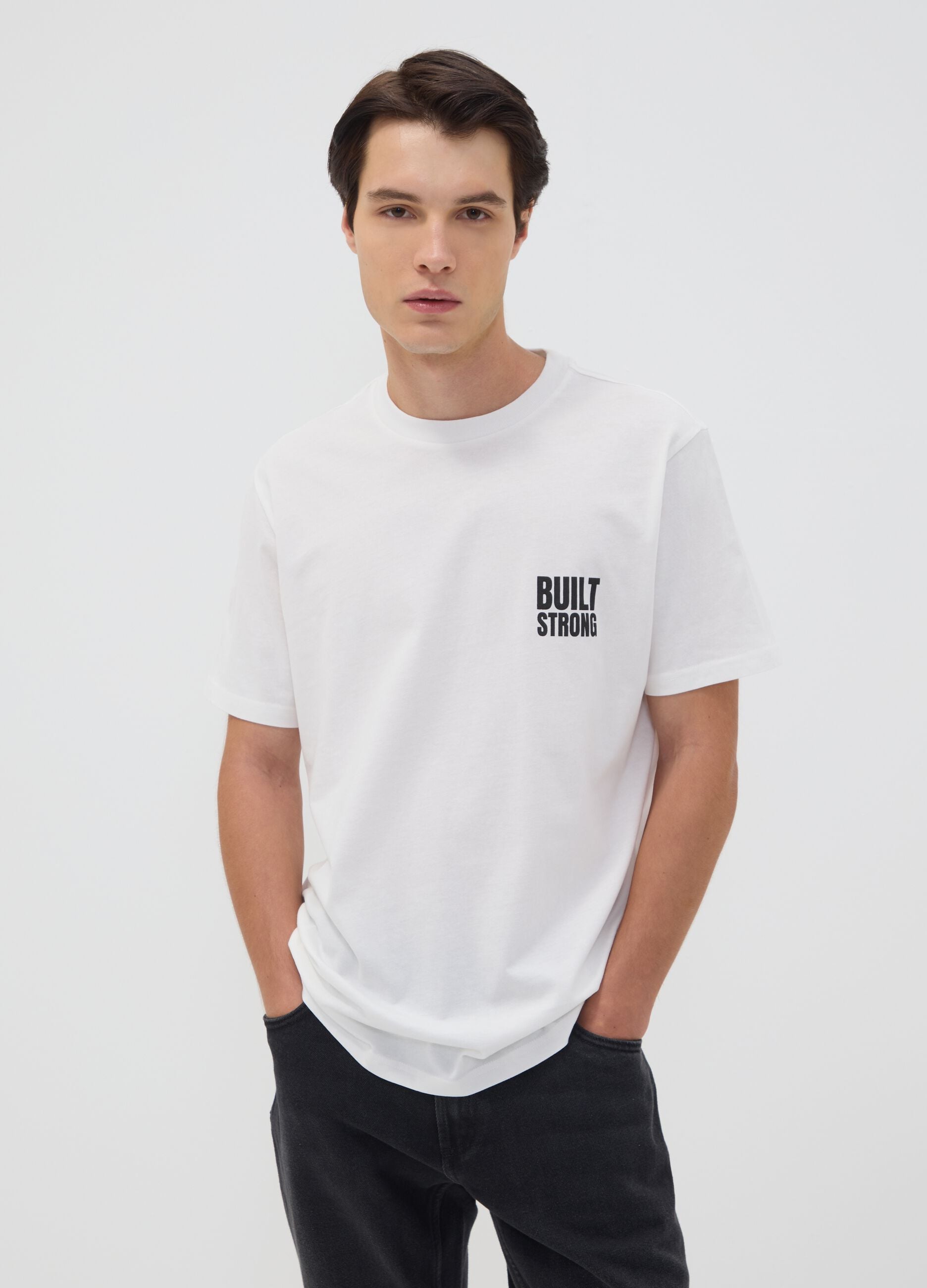 White pure cotton jersey T-shirt with graphic print, regular fit