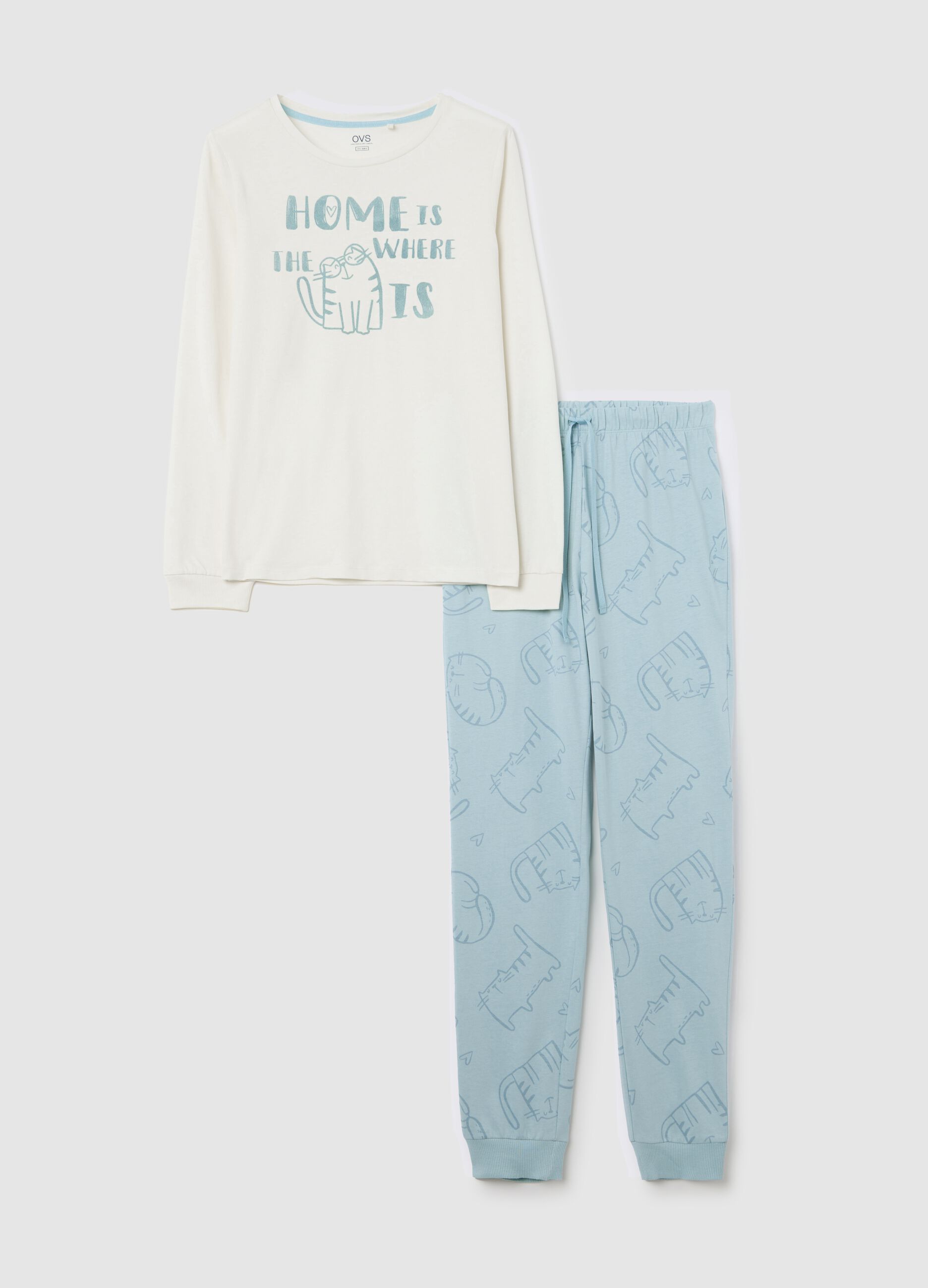 White and light blue cotton pyjamas with cat print