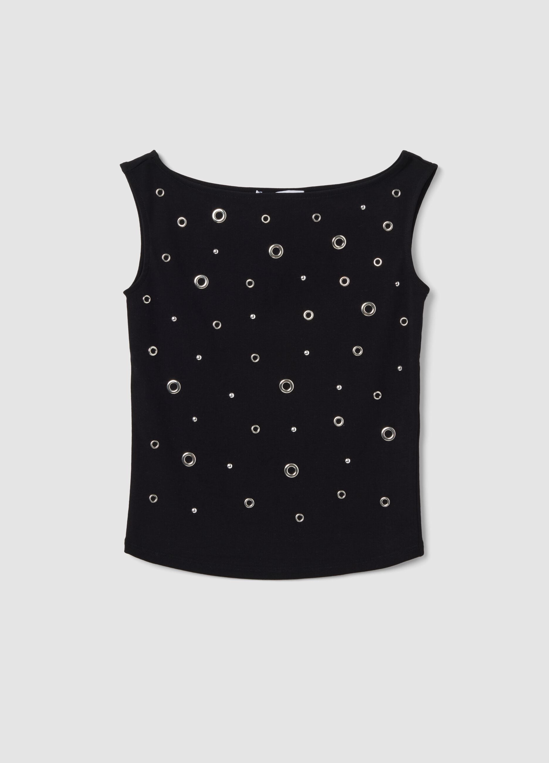Black stretch cotton top with metal eyelets, regular fit