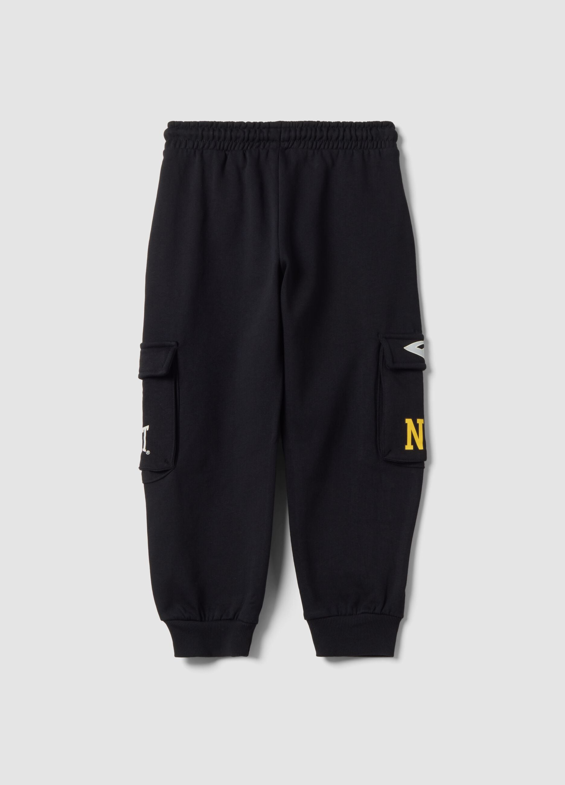 Black pure cotton cargo jogger trousers with appliqu&eacute; for boys
