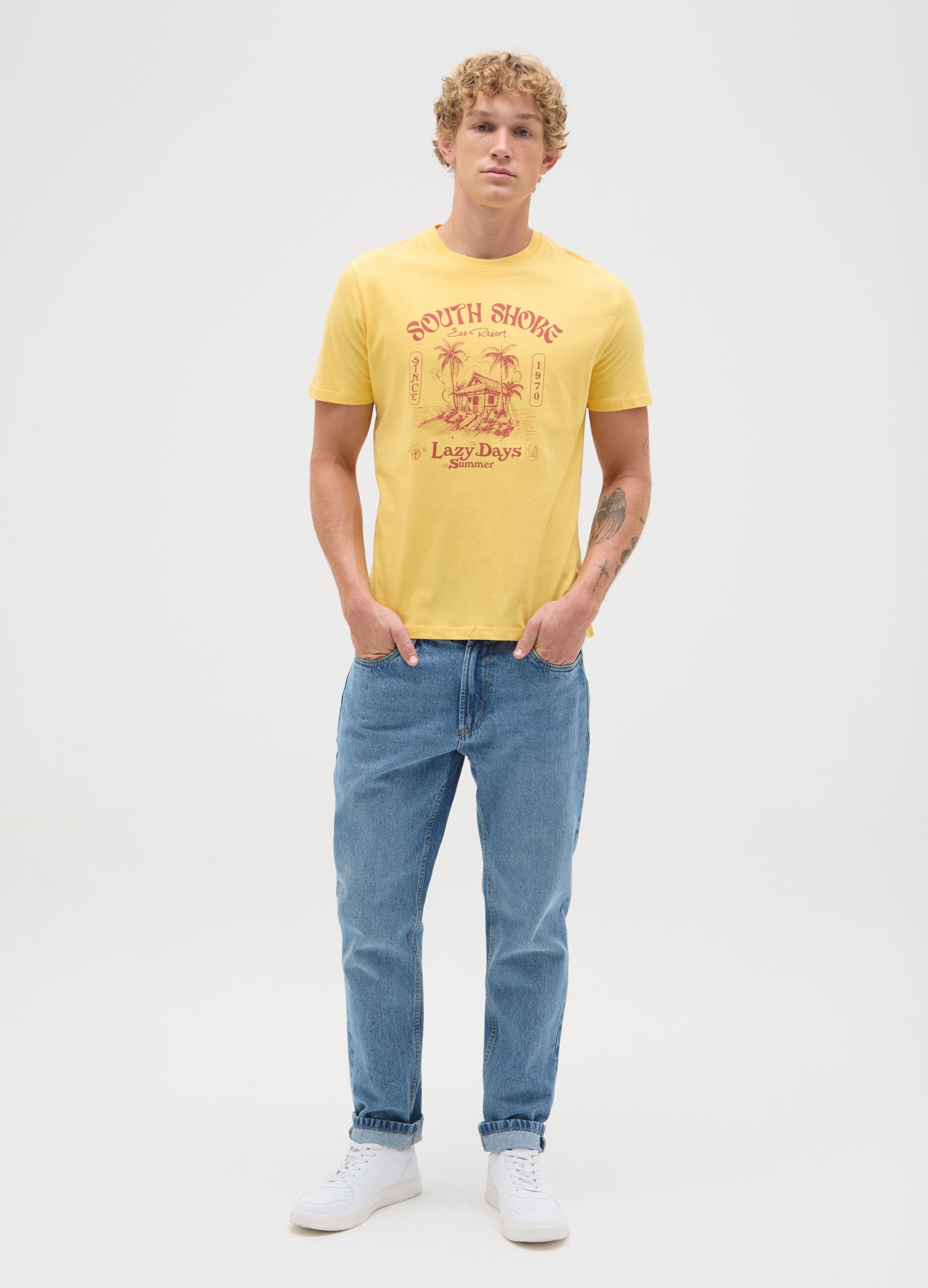 Men's yellow pure cotton regular fit T-shirt