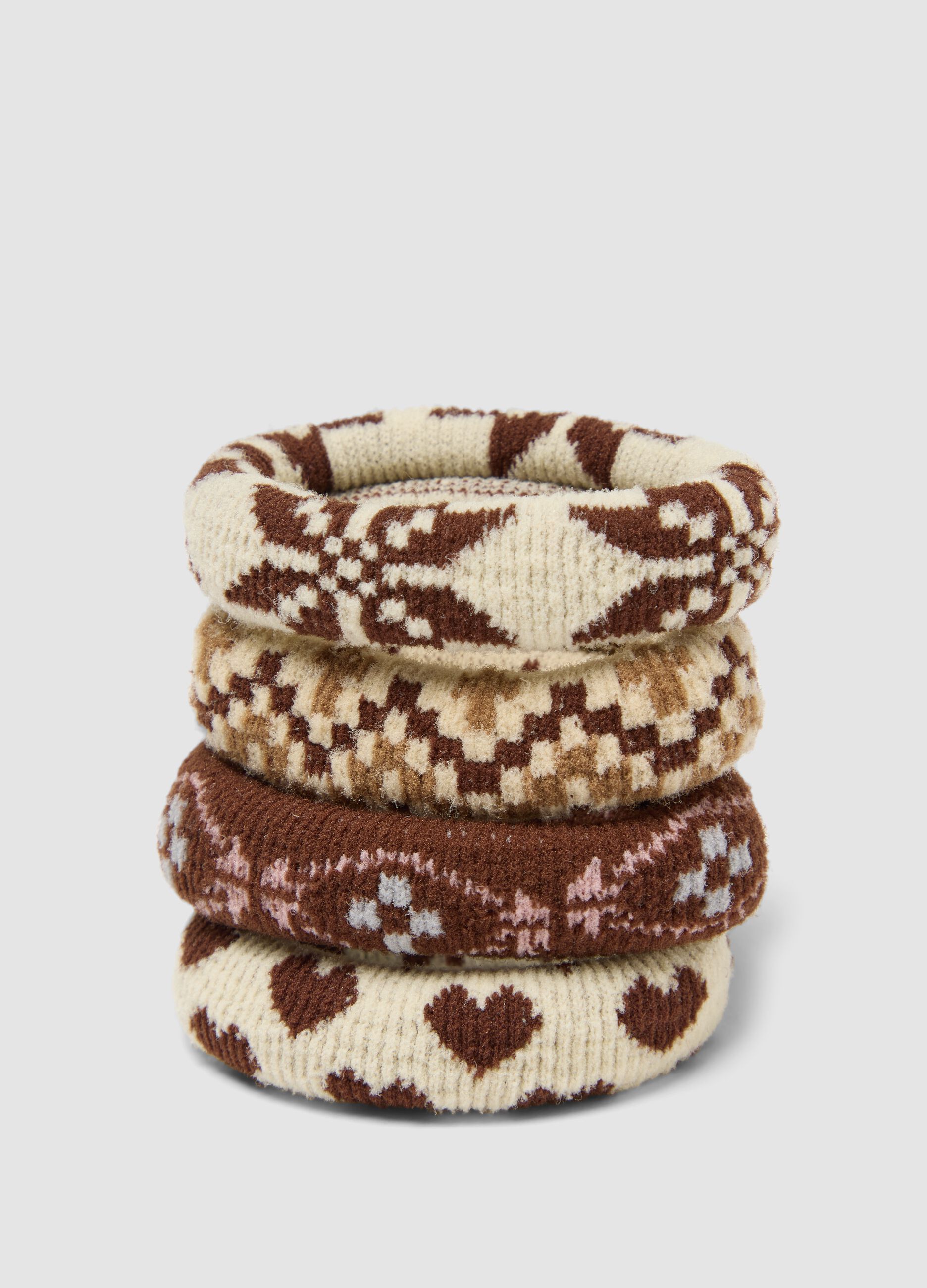 Beige jacquard-pattern hair tie set