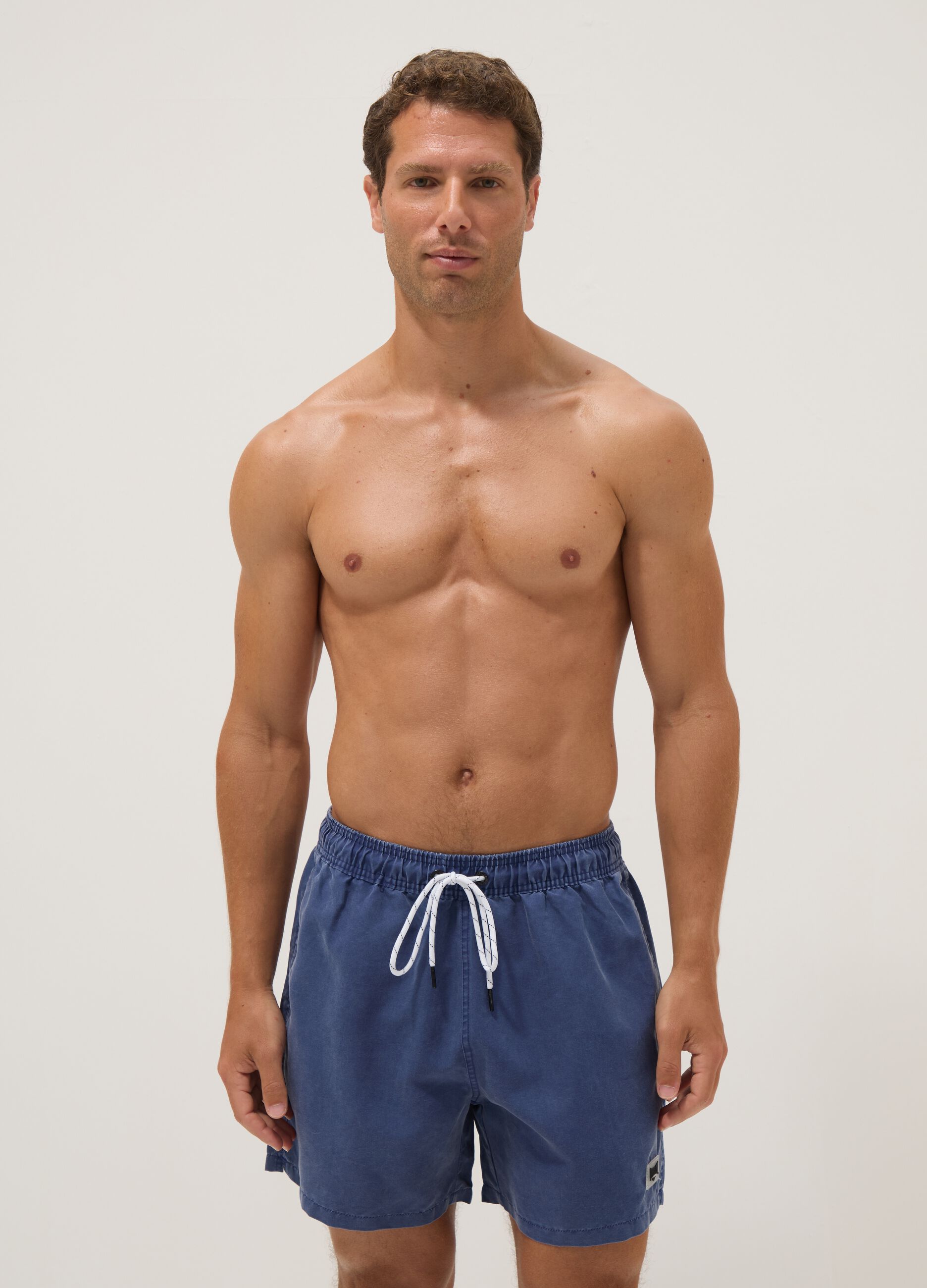 Navy blue swim boxer shorts with drawstring