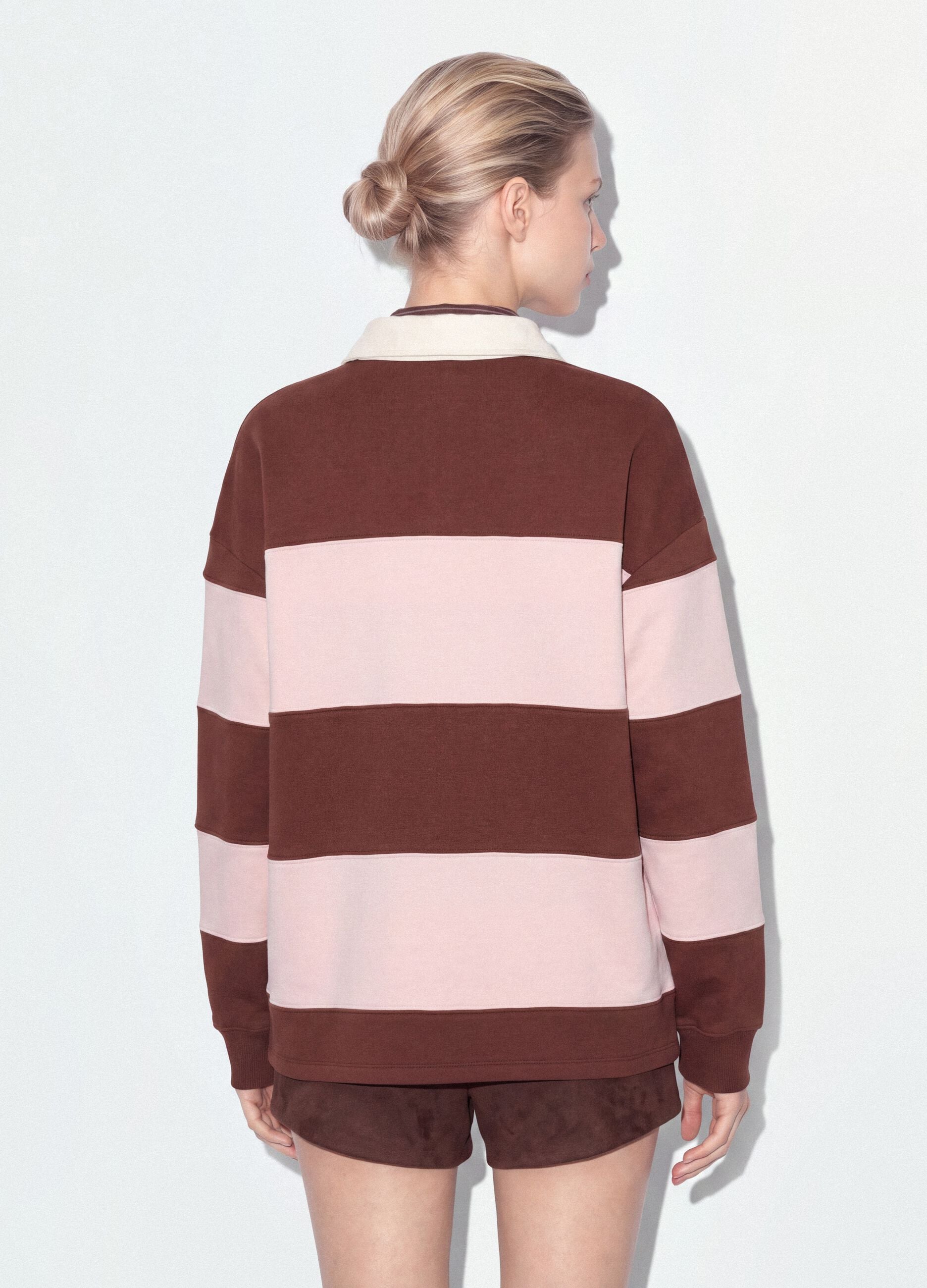 Brown striped cotton-blend sweatshirt with collar, relaxed fit