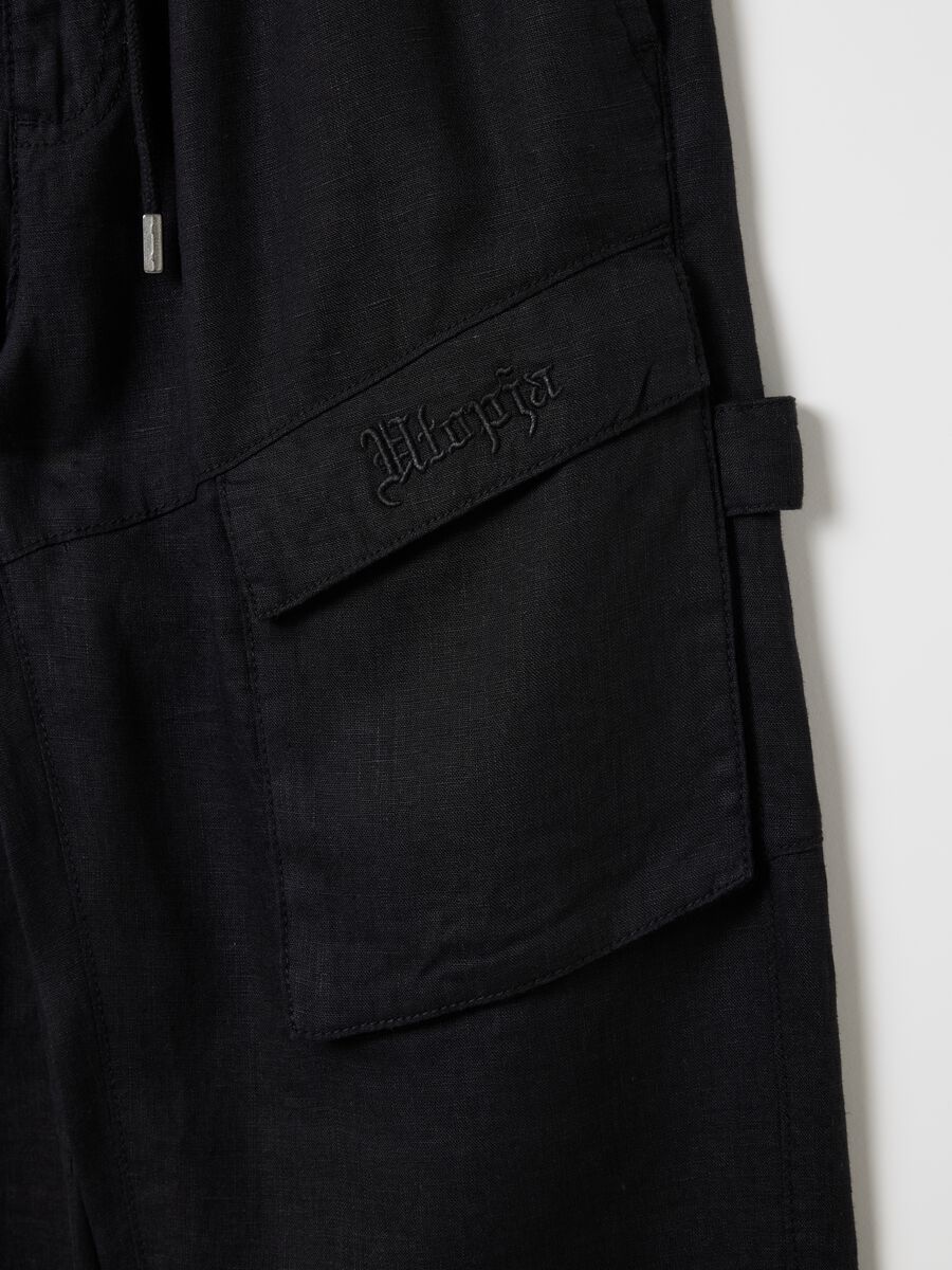 100% Linen Black Cargo Trousers_6