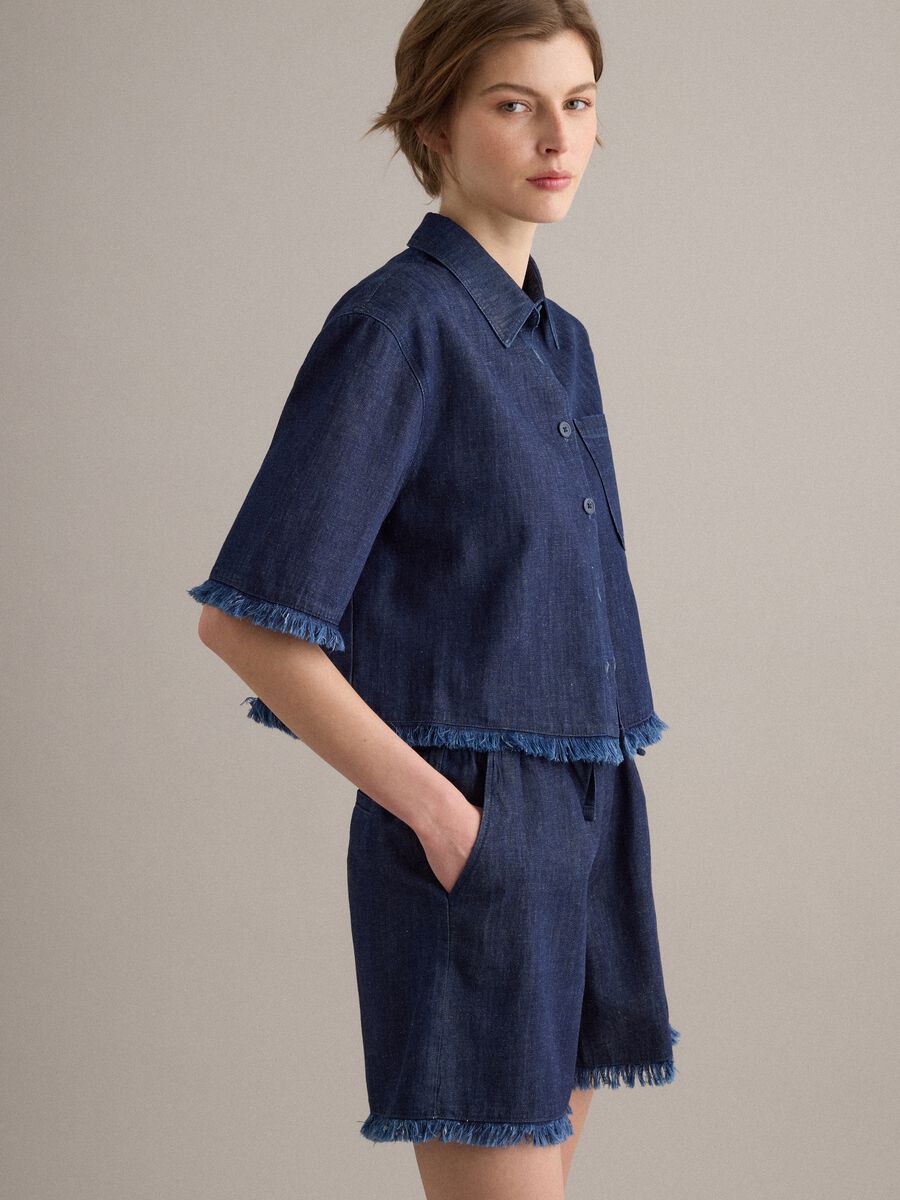 Blue denim shirt in cotton blend, oversized fit with frayed hem_0
