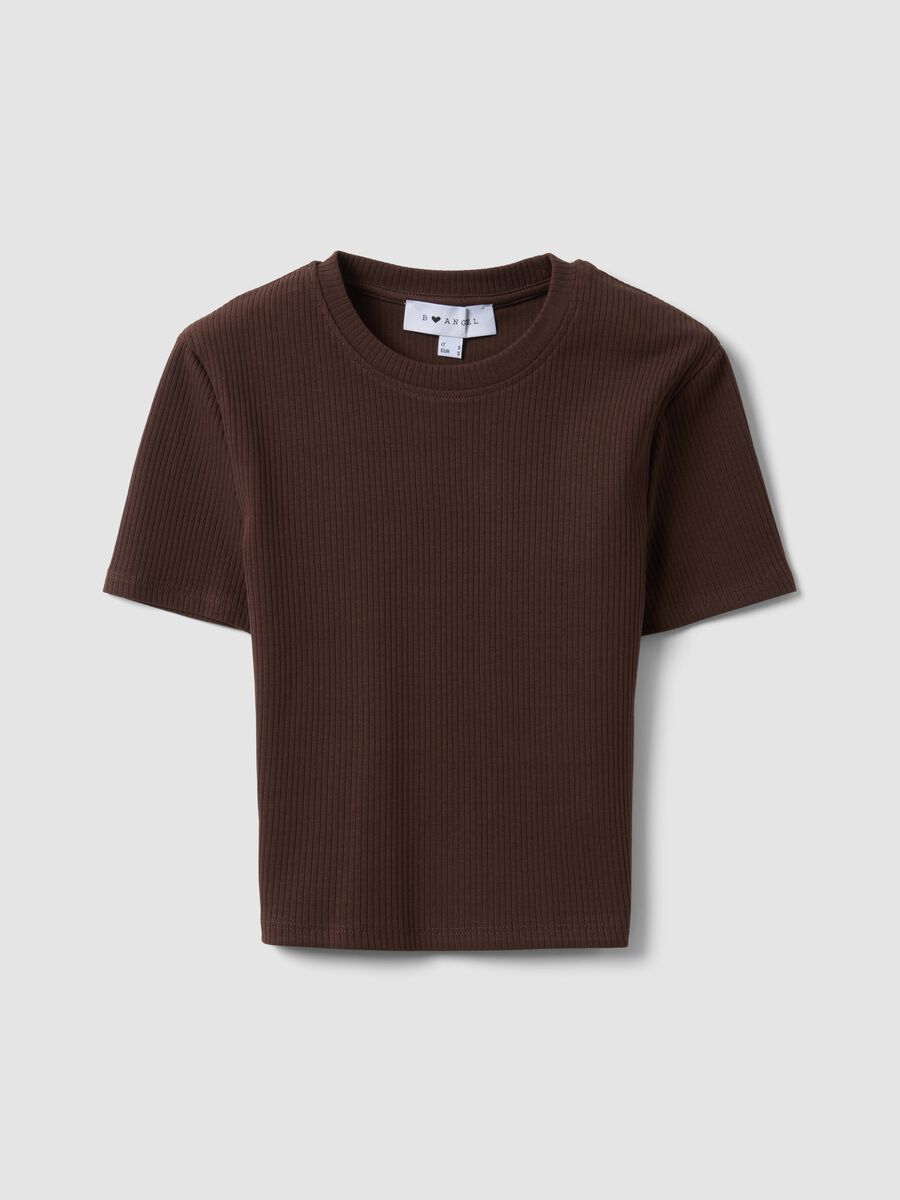 Brown ribbed fitted stretch-cotton T-shirt_4