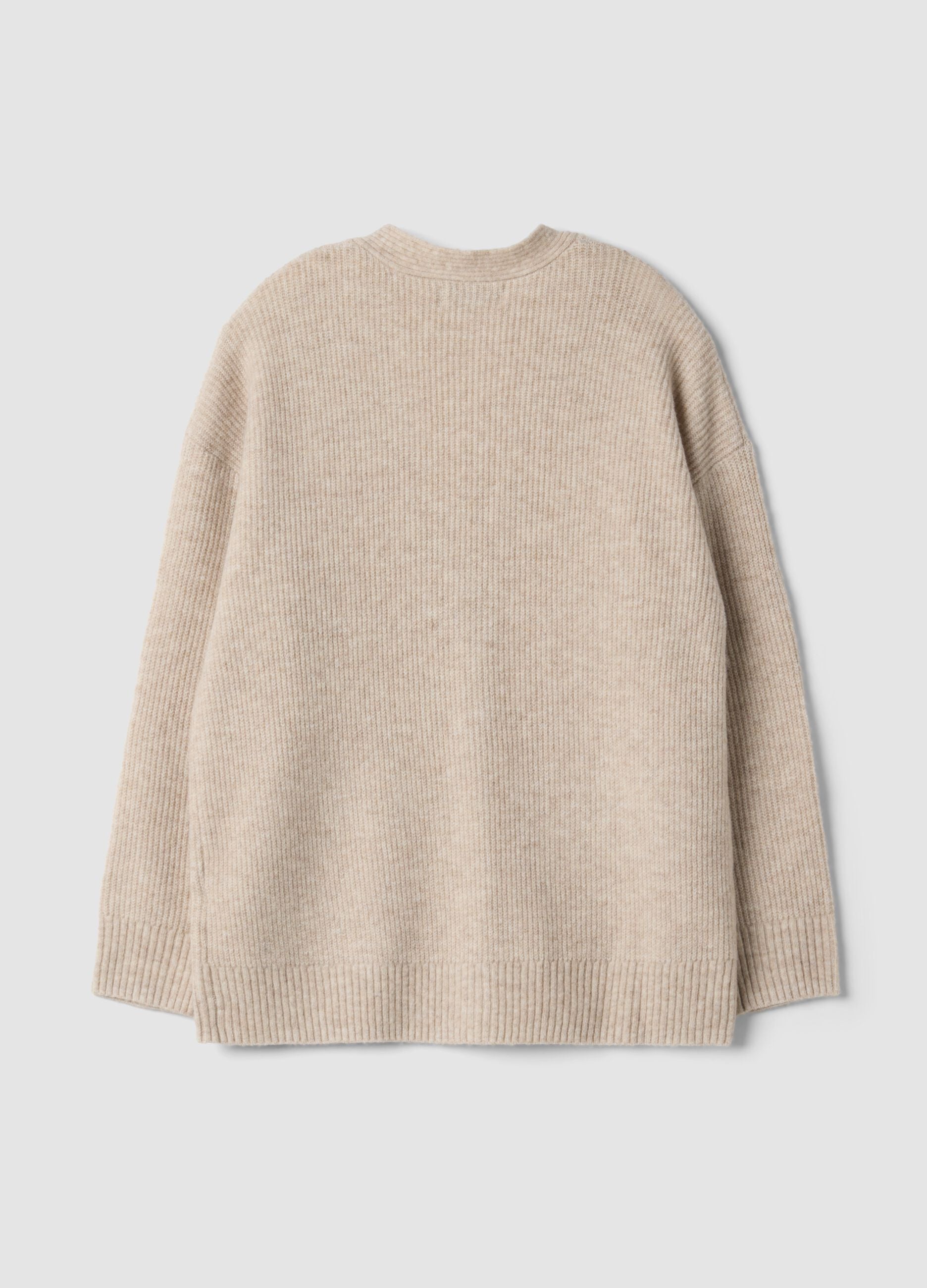 Beige stretch-fabric cardigan with deep V-neck