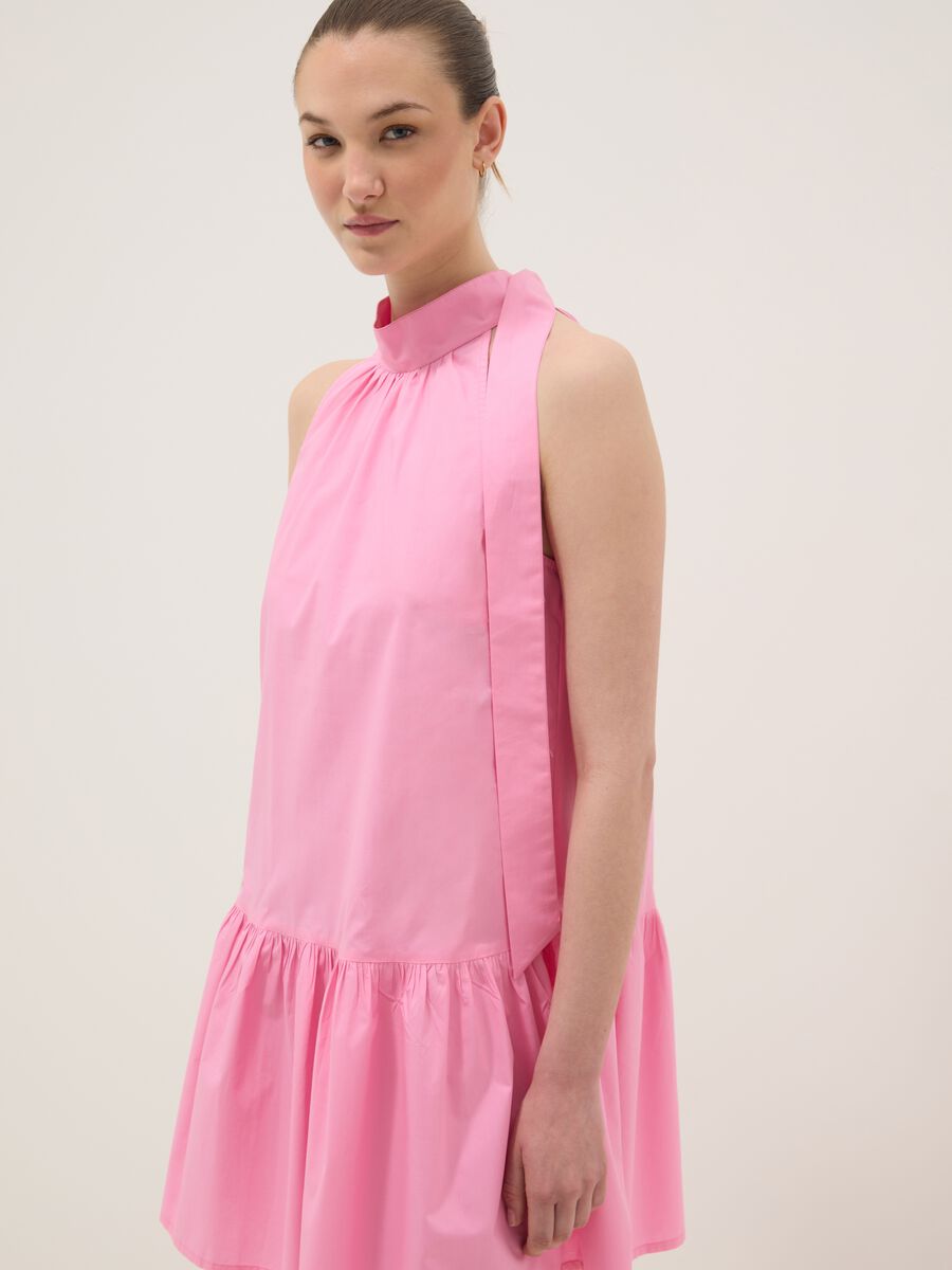 Abito mini rosa in puro cotone con collo alto_3