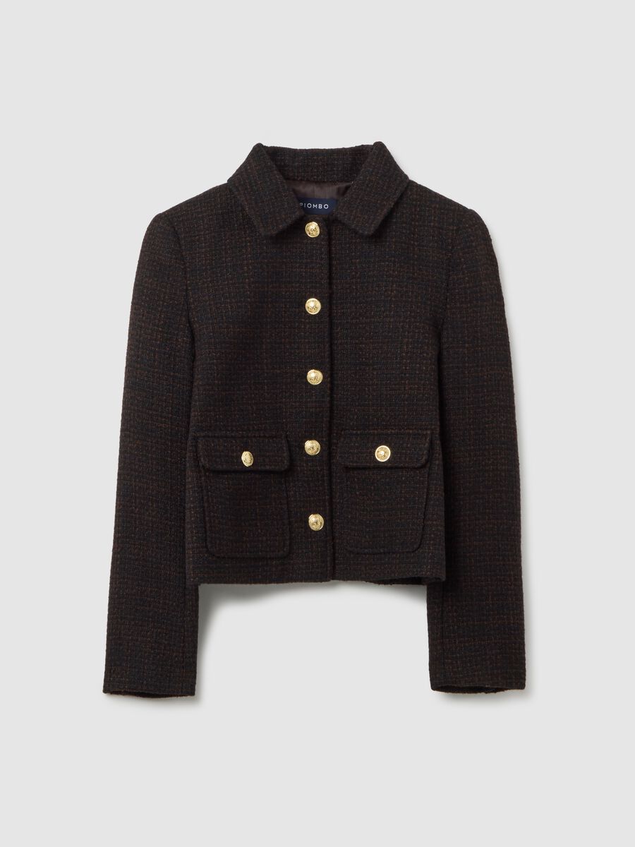 Blazer in misto lana marrone con bottoni dorati_0