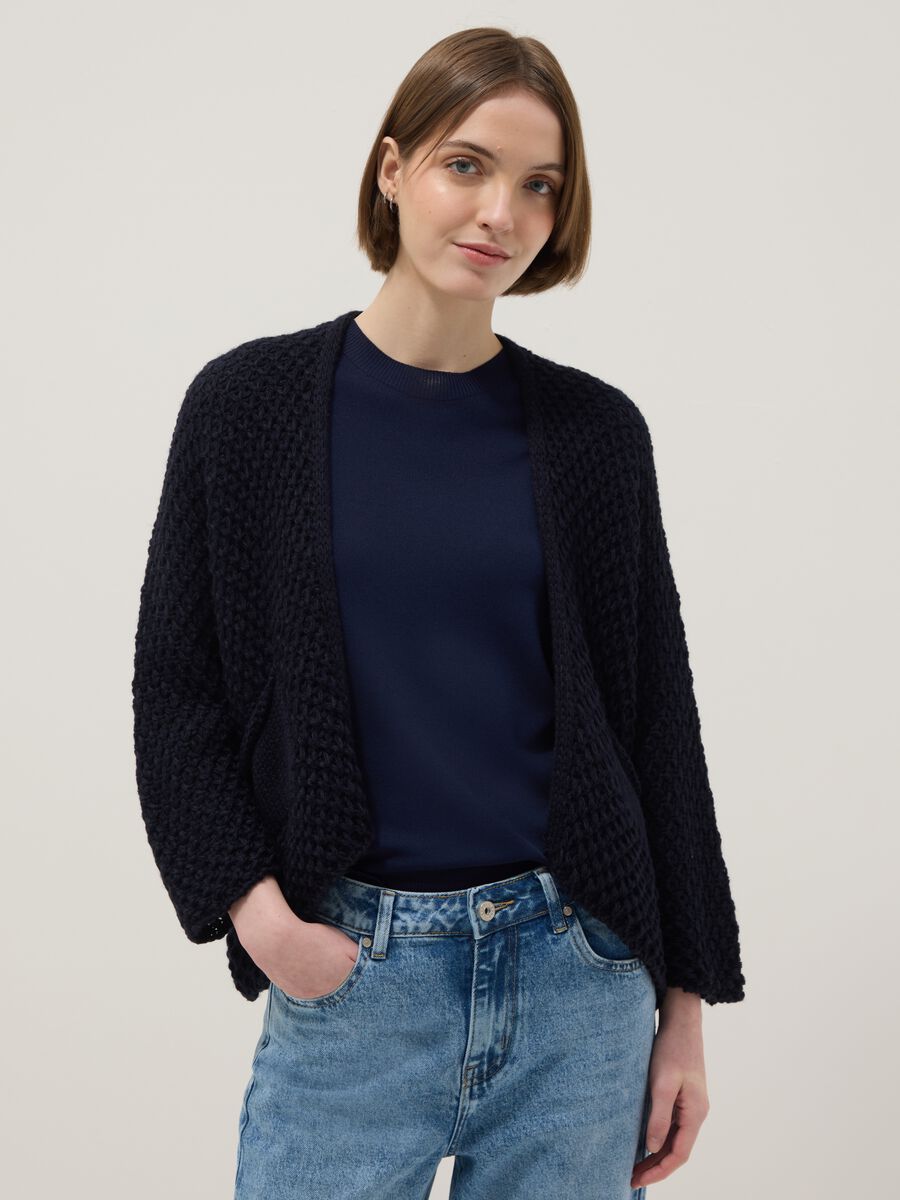 Cardigan blu regular fit a maglia intrecciata_0